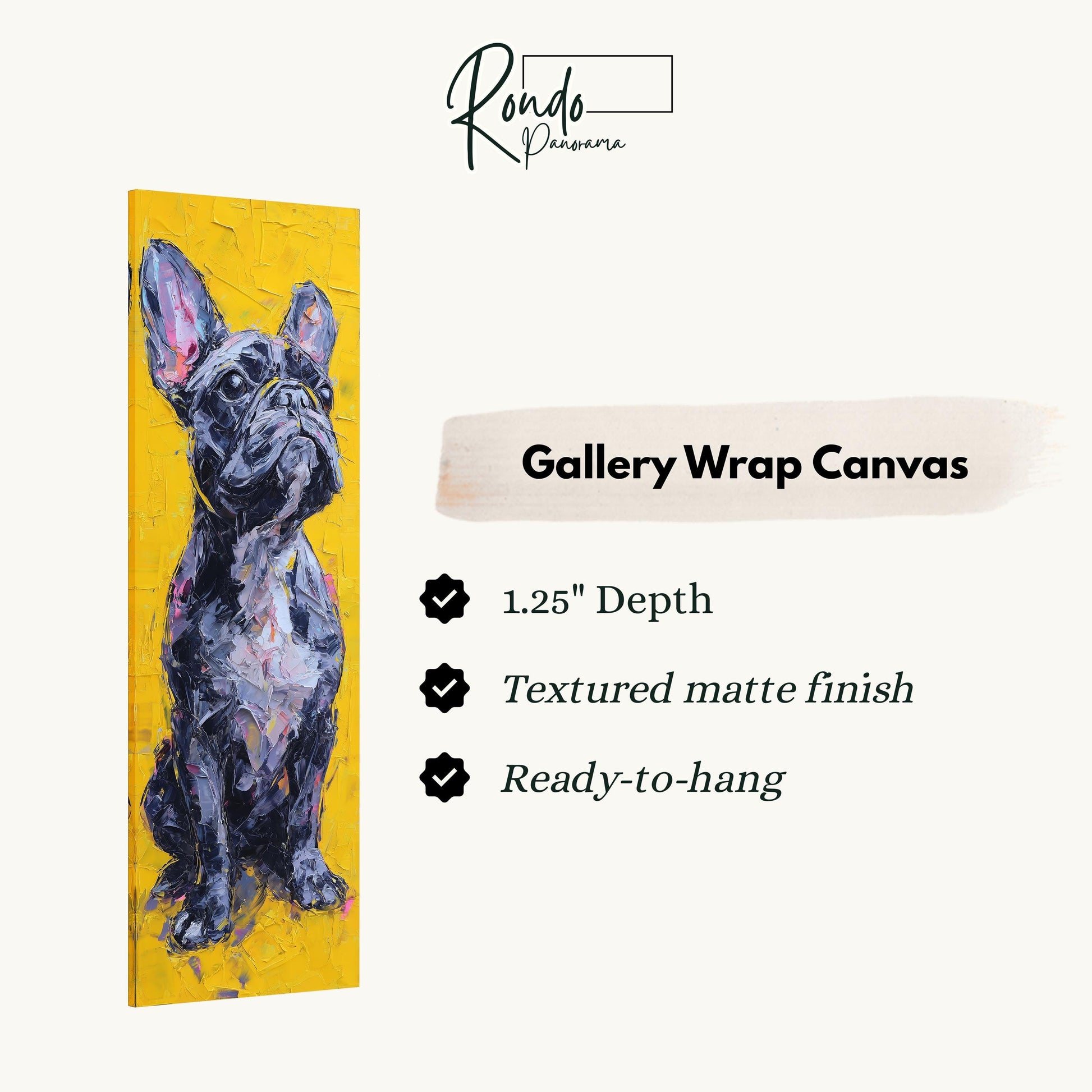 The image is a gallery wrap canvas featuring a painting of a French Bulldog.