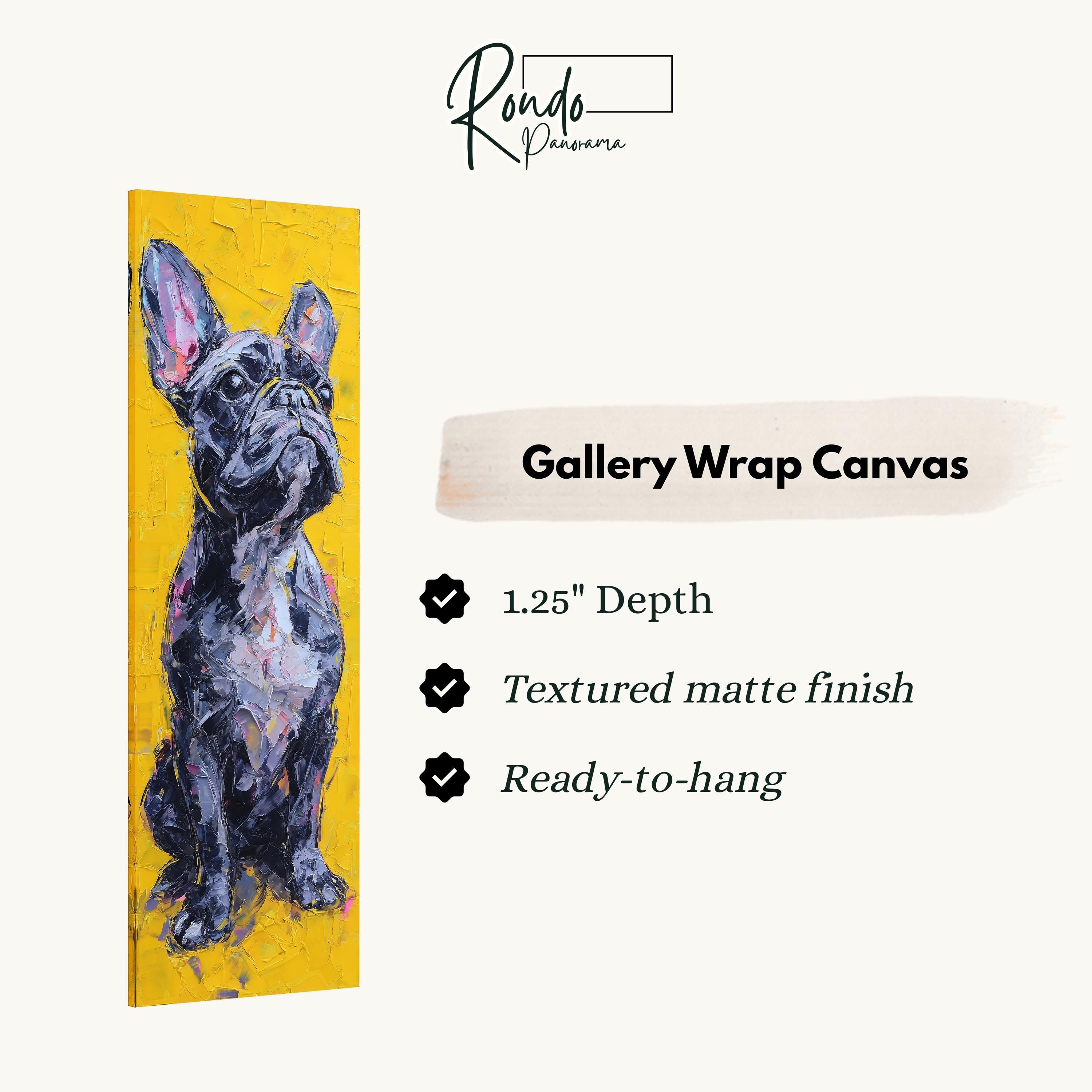The image is a gallery wrap canvas featuring a painting of a French Bulldog.