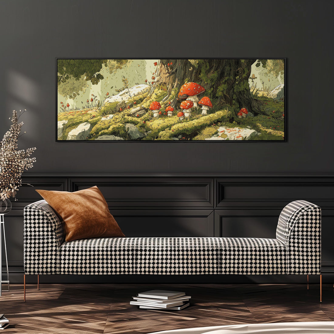 a large, framed painting of a forest scene with mushrooms and other natural elements. The painting is hung on a wall above a brown sofa, creating a cozy and inviting atmosphere in the room.