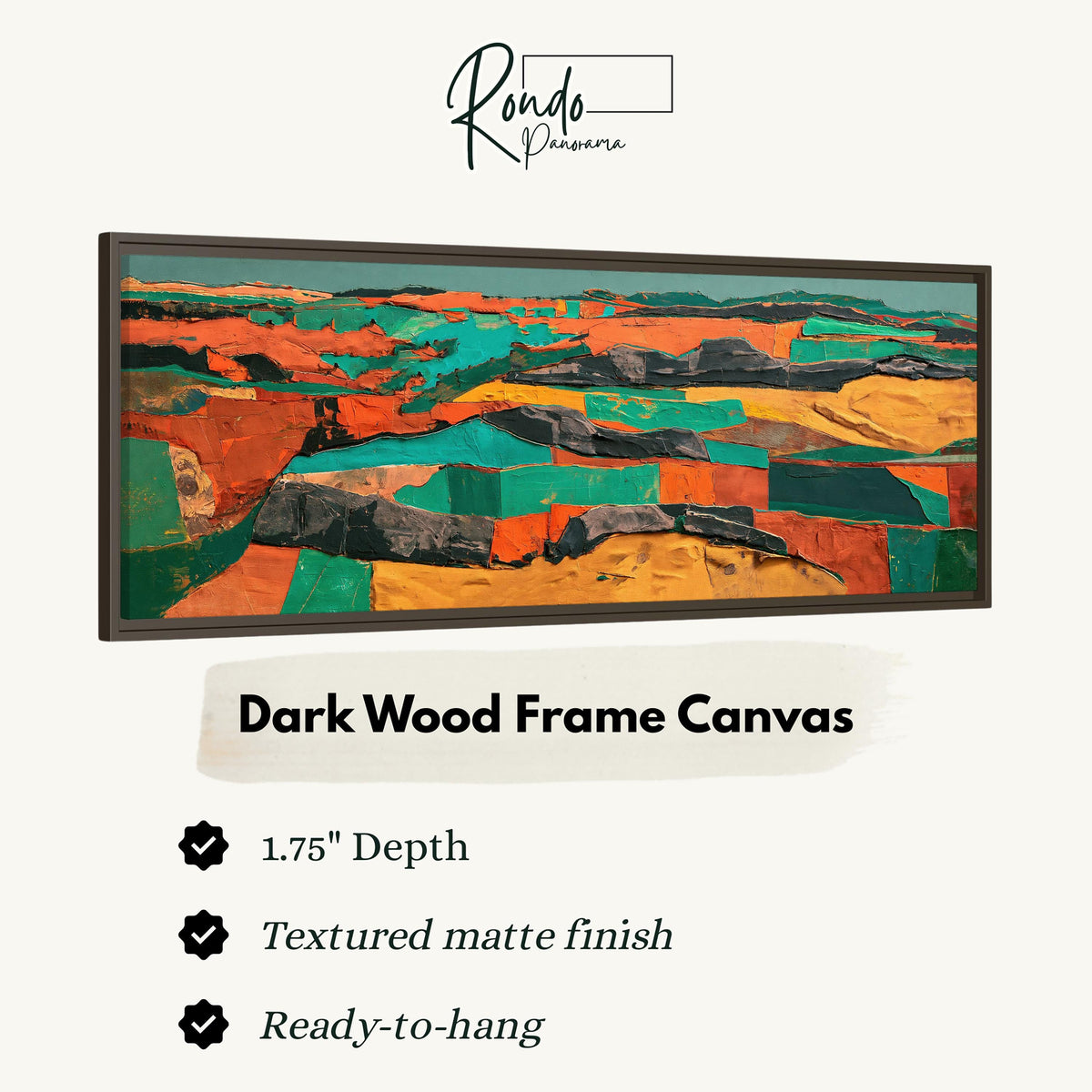 Abstract patchwork terrain in orange and teal canvas print in a dark wood floating frame