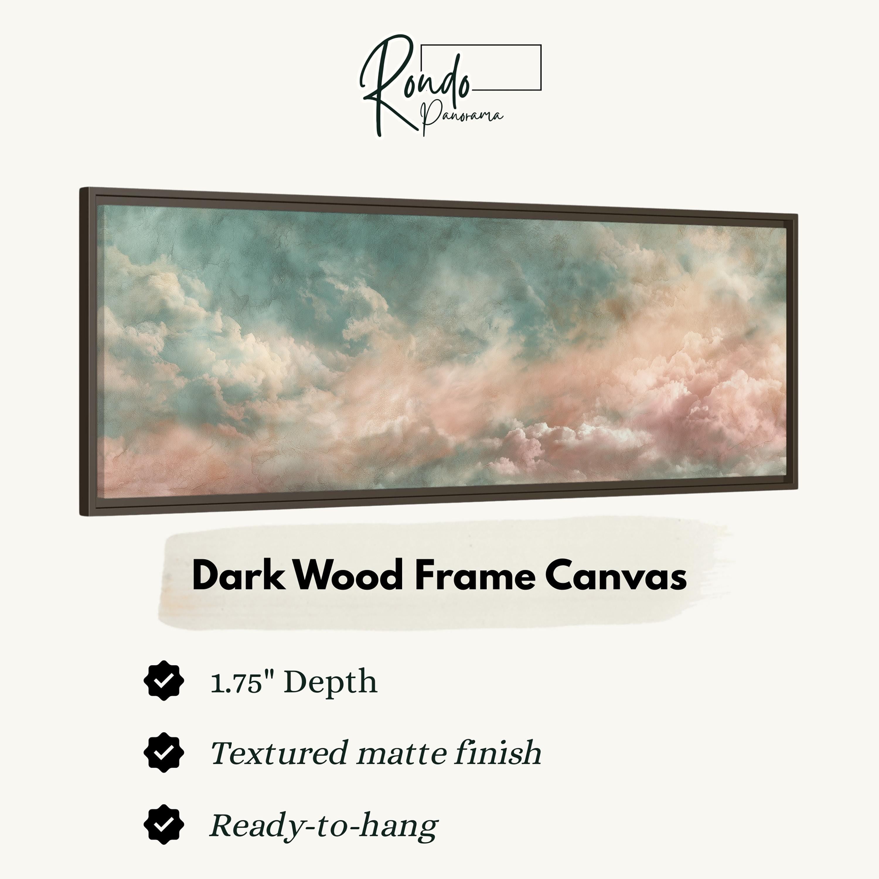 The image is a dark wood frame canvas depicting a cloudy sky with a textured matte finish.