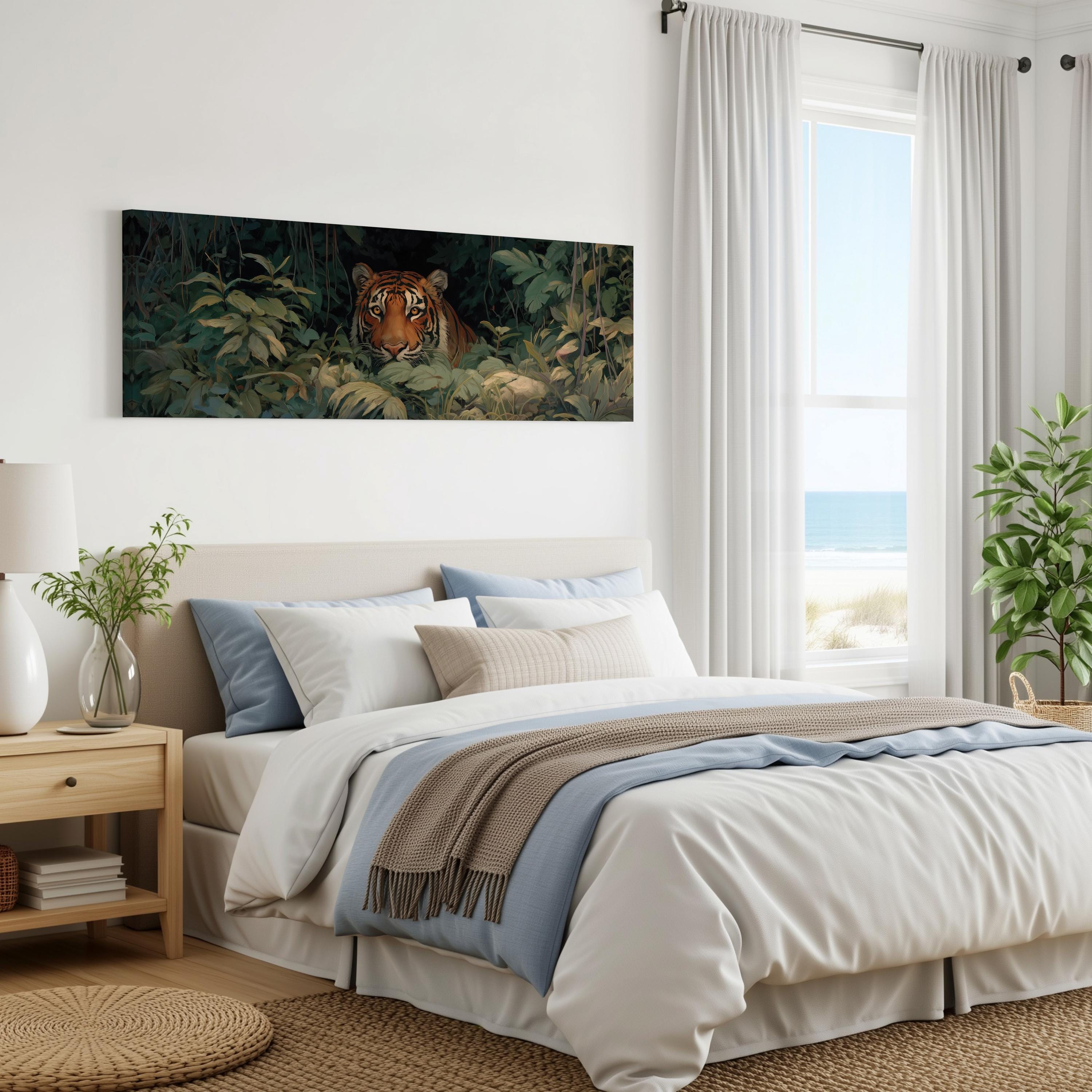 a serene bedroom scene with a large bed, a nightstand, and a painting of a tiger on the wall.