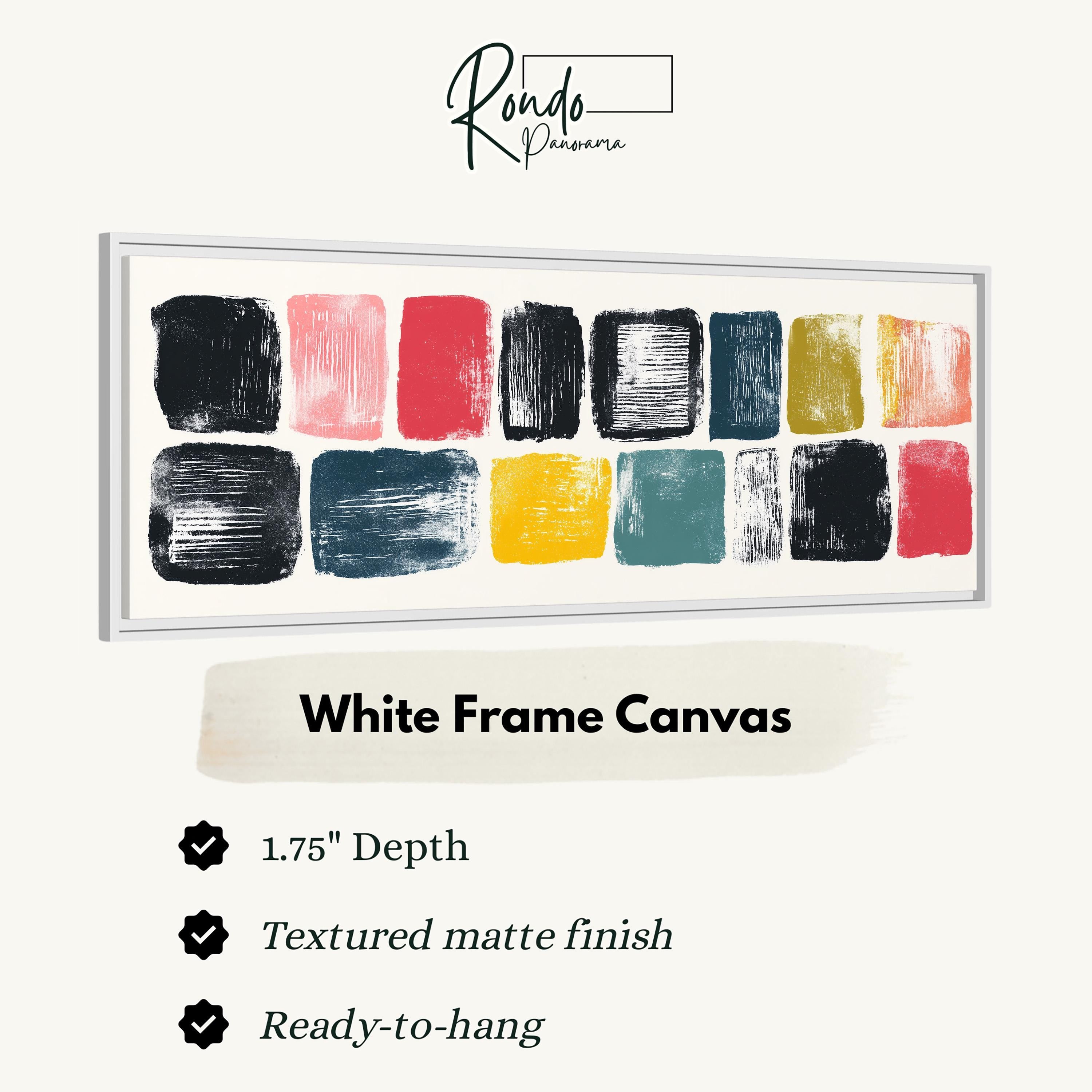 The image is a product advertisement for a white frame canvas. It features a variety of abstract artworks in different colors and brushstrokes, showcasing the versatility and artistic appeal of the canvas. The advertisement highlights the canvas's 1.75" depth, textured matte finish, and its readiness to hang.