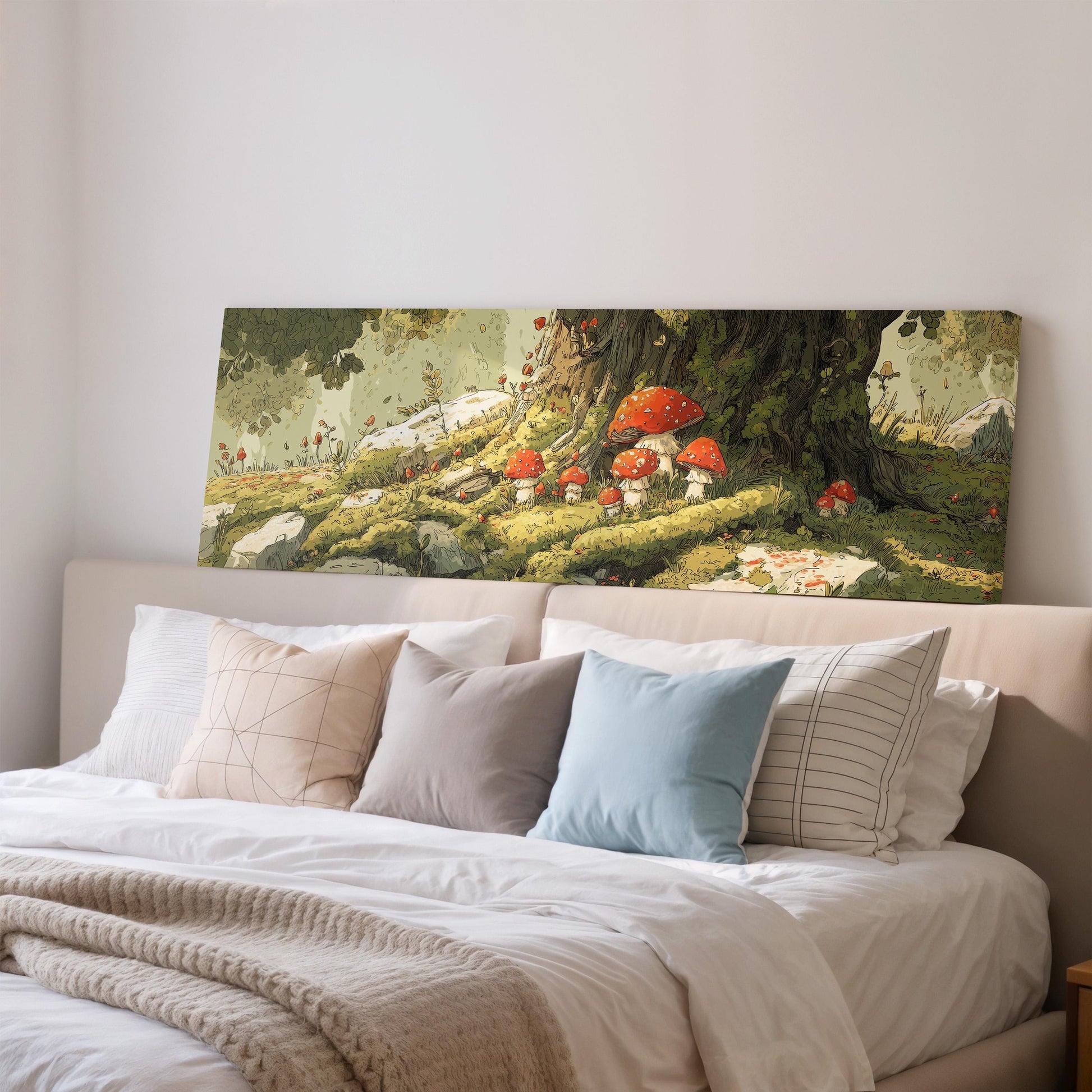a large painting of mushrooms on a bed, with a cozy and inviting atmosphere.