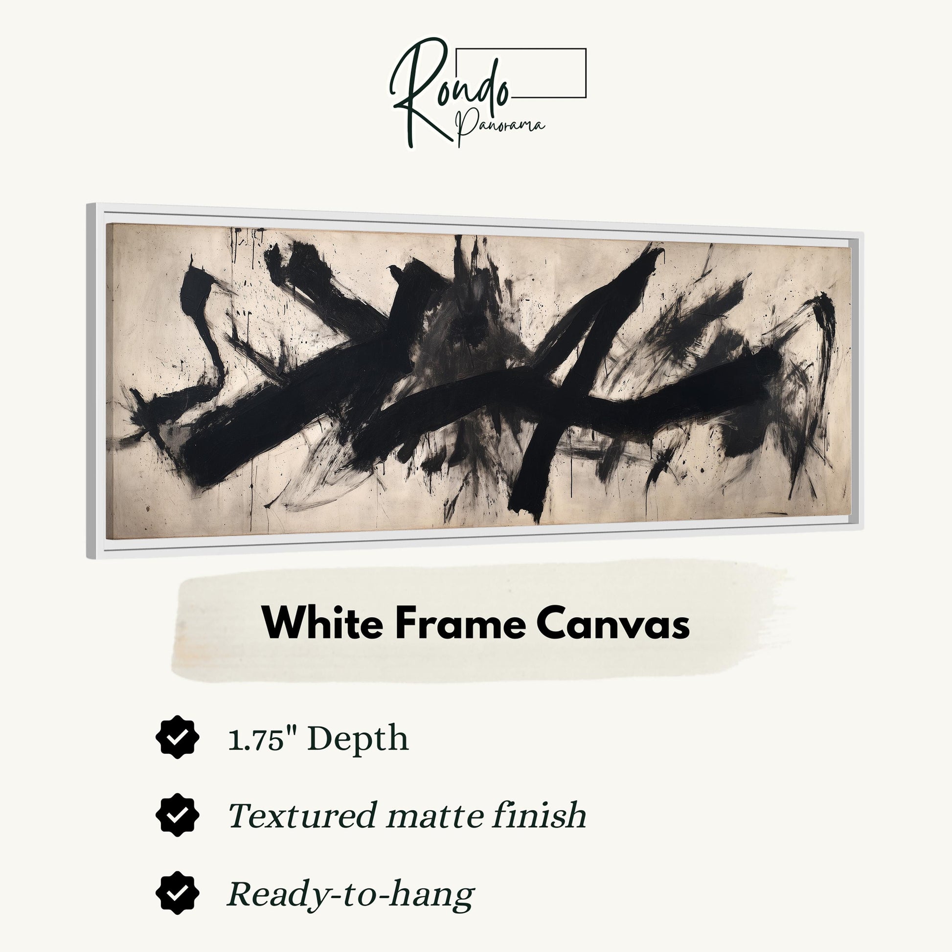a large abstract painting with bold brushstrokes in black and white. The painting is displayed in a white frame, which is described as a "White Frame Canvas" with a 1.75" depth and a textured matte finish. The frame is ready to hang, as indicated by the text "Ready-to-hang".