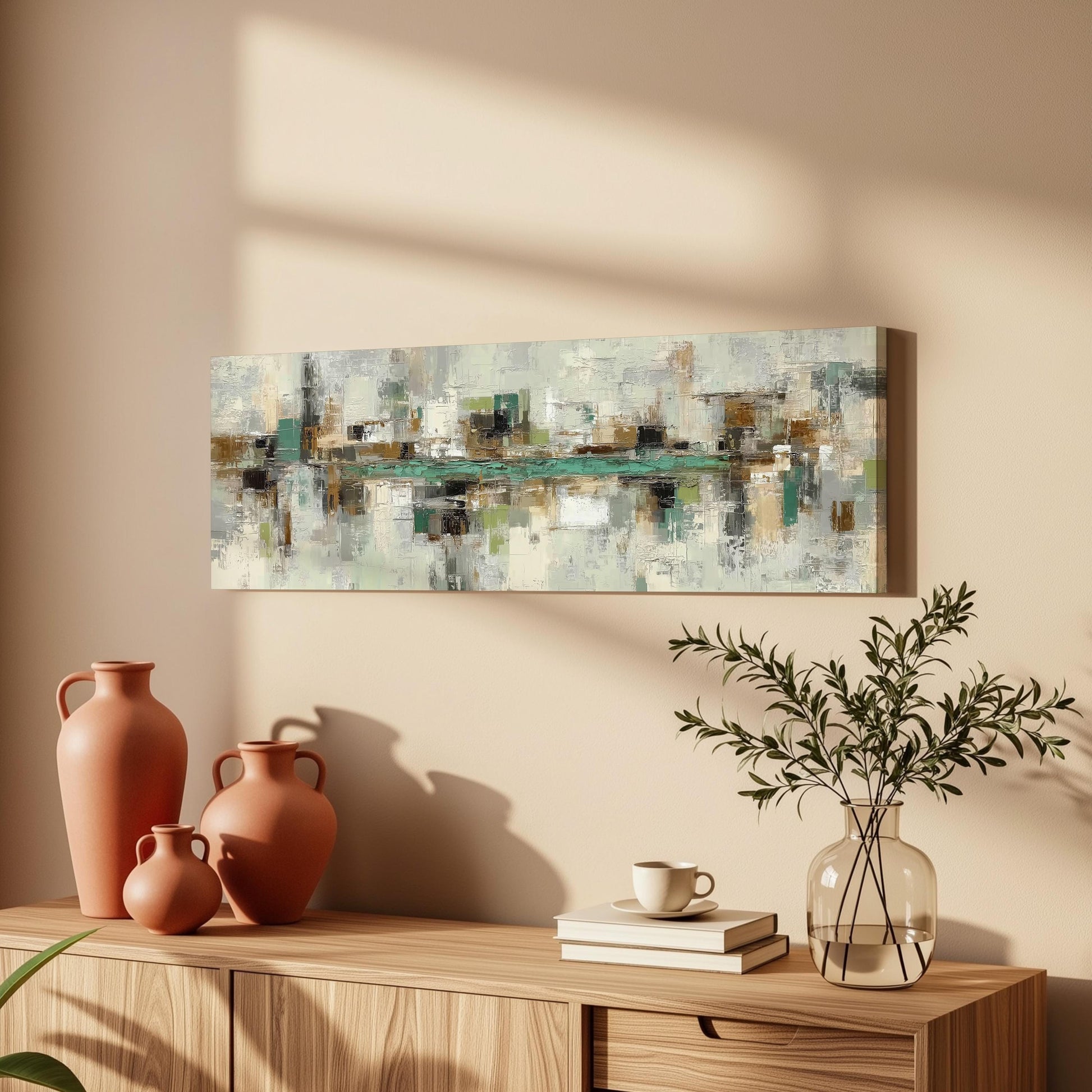 a wooden cabinet with a painting hanging on the wall above it, along with three orange vases and a glass vase with greenery. The cabinet also has a stack of books and a coffee cup on top.
