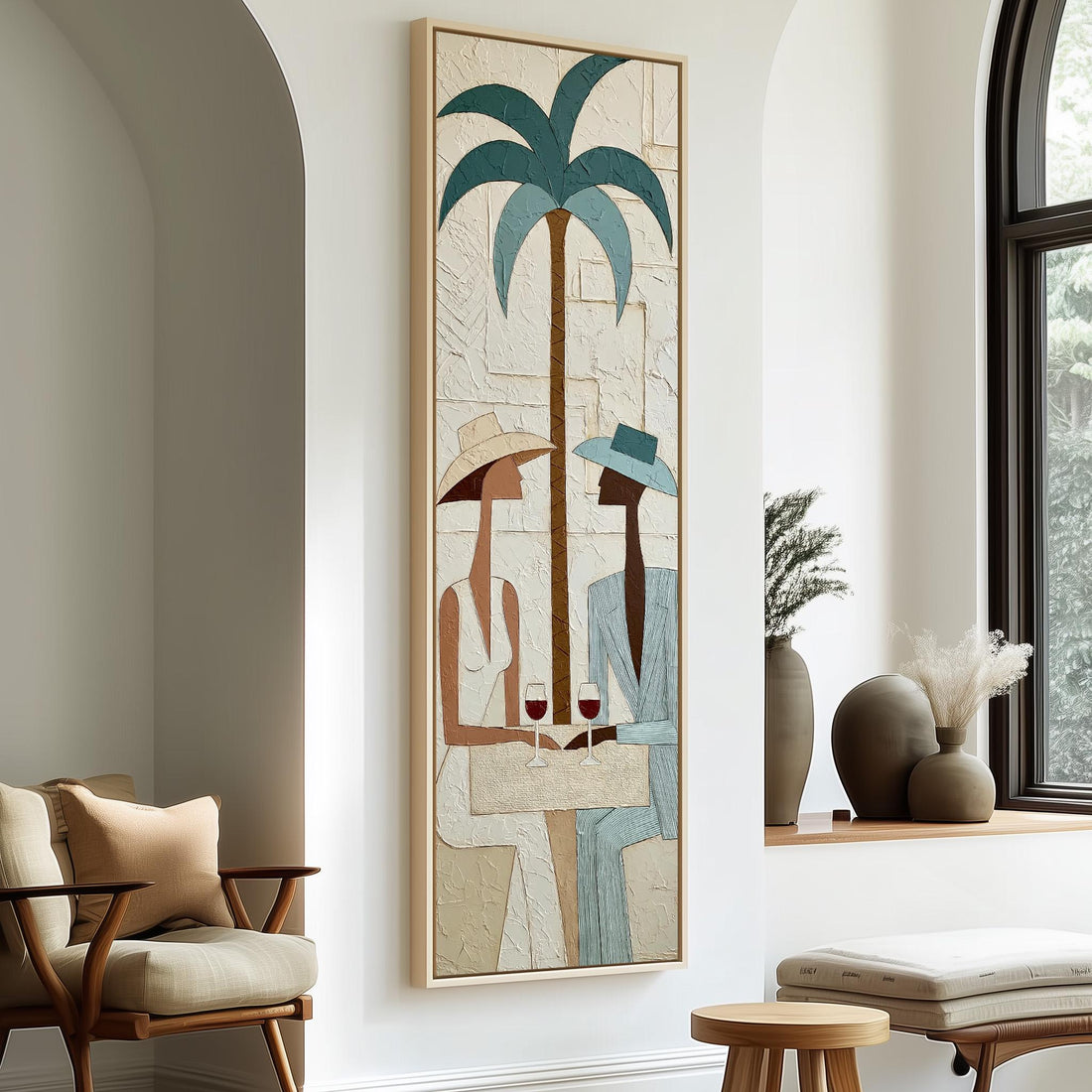Couple sharing wine under a palm tree long vertical canvas print in a sunlit living space