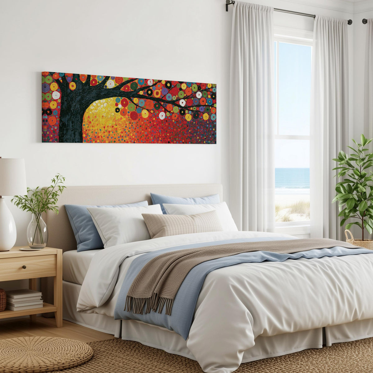 Amber tree of life in a Klimt style panoramic canvas print above a bed in a coastal bedroom