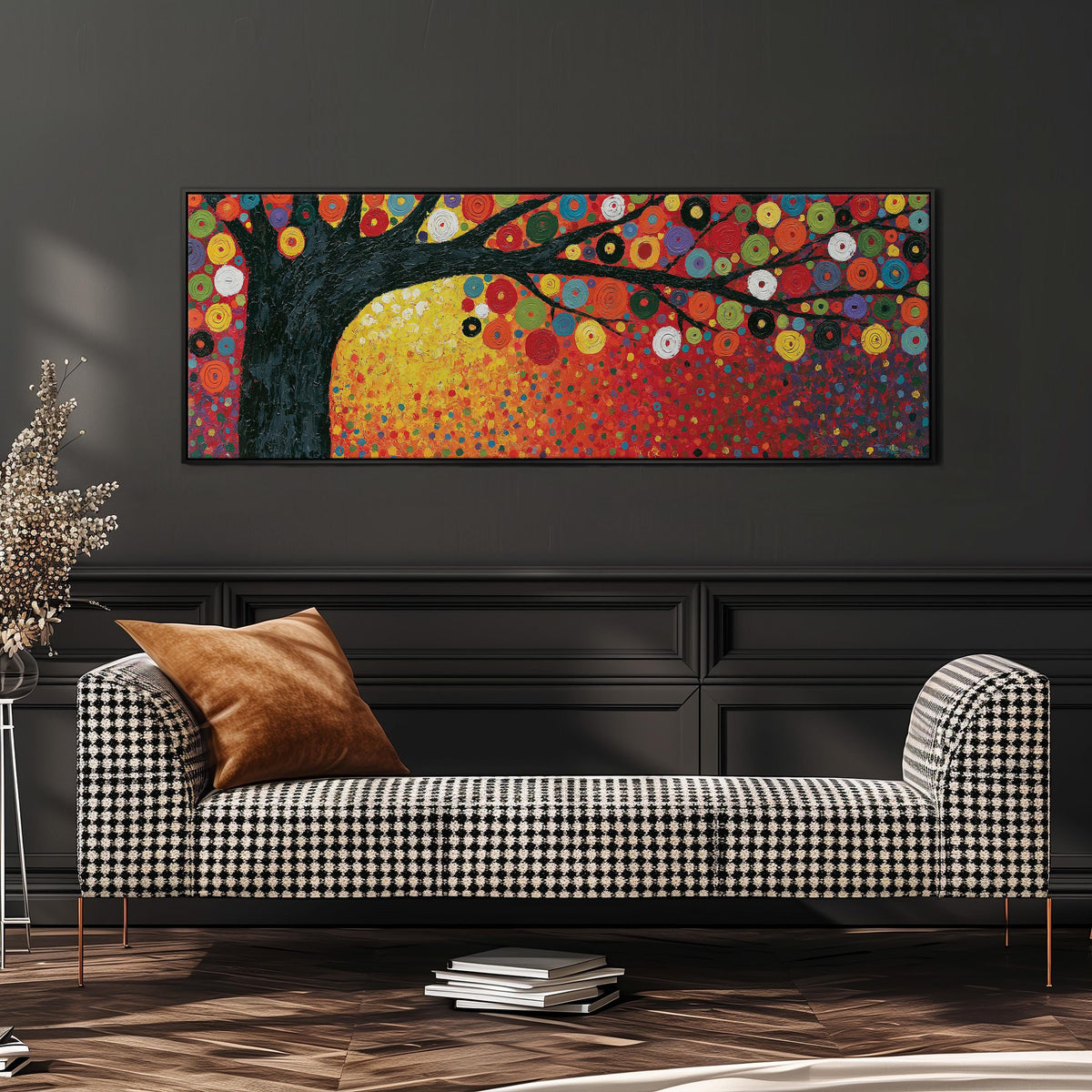 Amber tree of life in a Klimt style wide panoramic canvas print above a bench in a dark living room