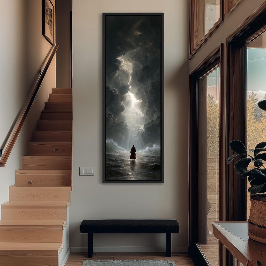 a person standing in a hallway with a large painting of a stormy sea hanging on the wall above a bench.