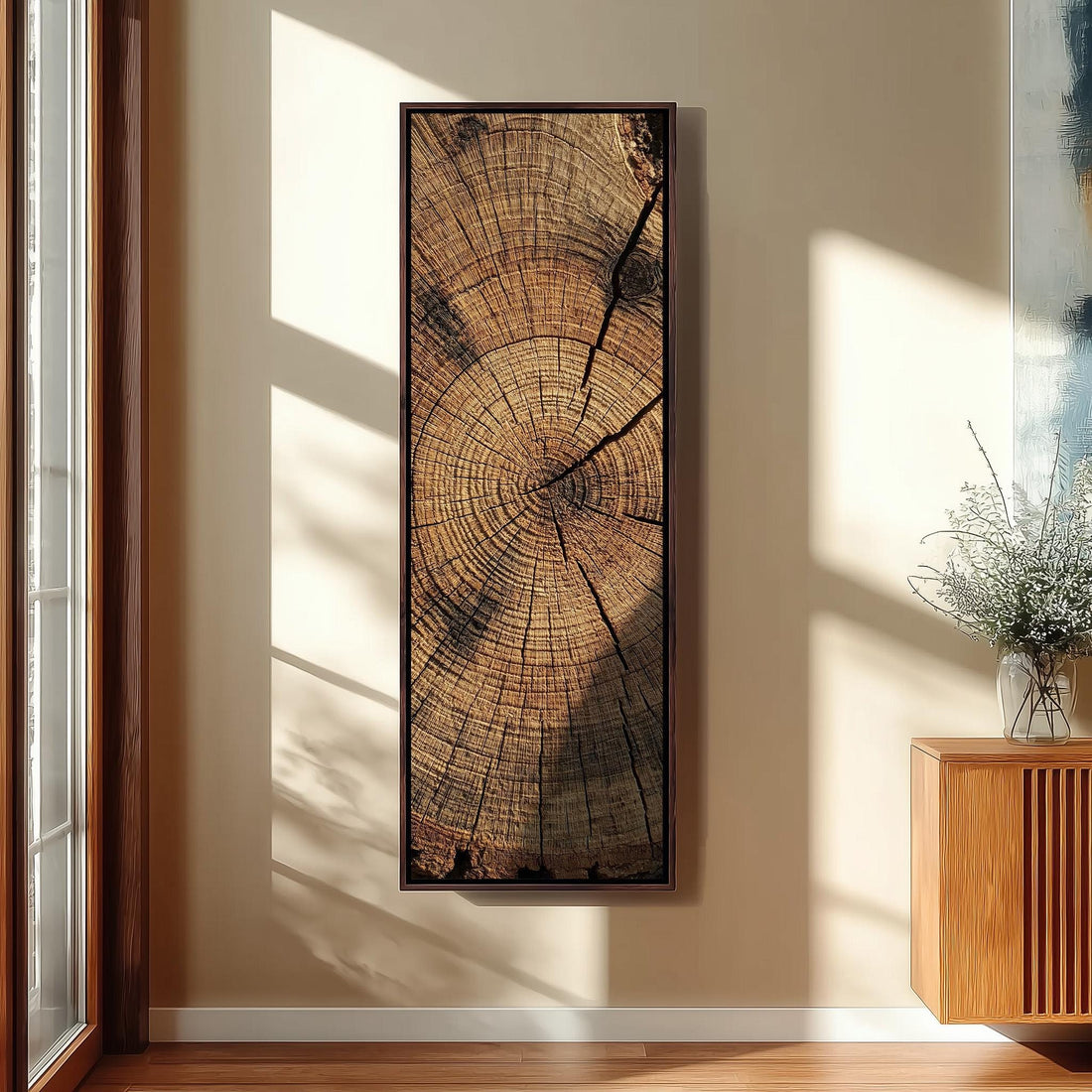 Weathered tree rings long vertical canvas print in a sunlit living space