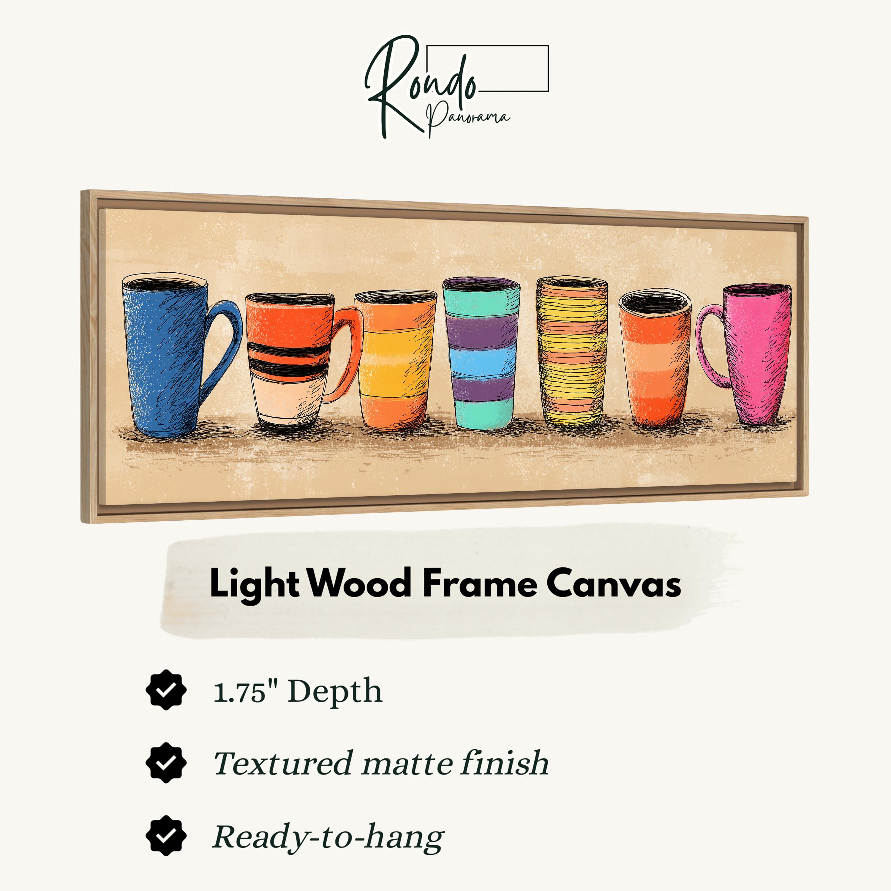 a light wood frame canvas with a collection of colorful mugs or cups arranged in a row.