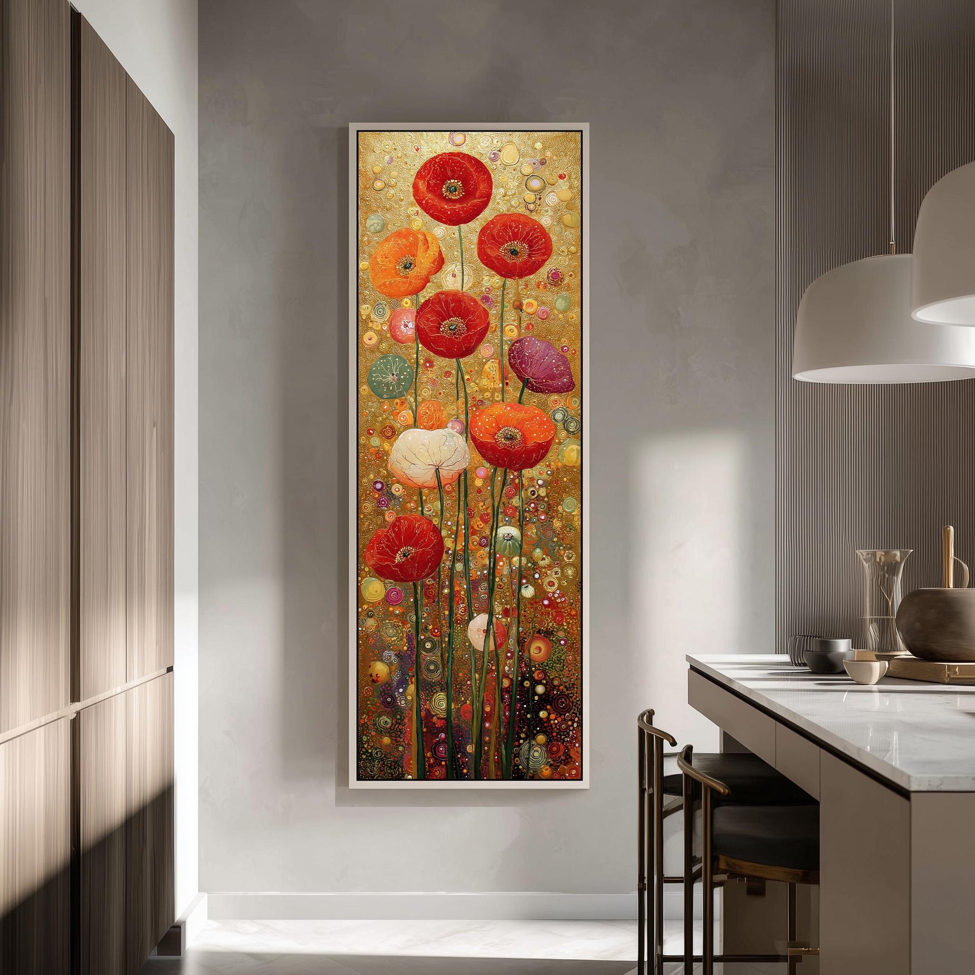 a large, colorful painting of flowers hanging on a wall in a modern kitchen.