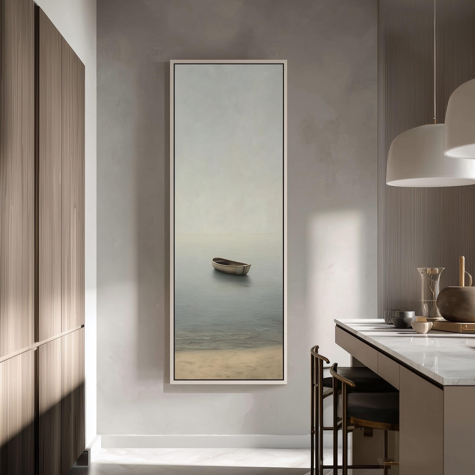 a serene scene of a boat floating on a calm body of water, with a minimalist and modern kitchen setting in the background.