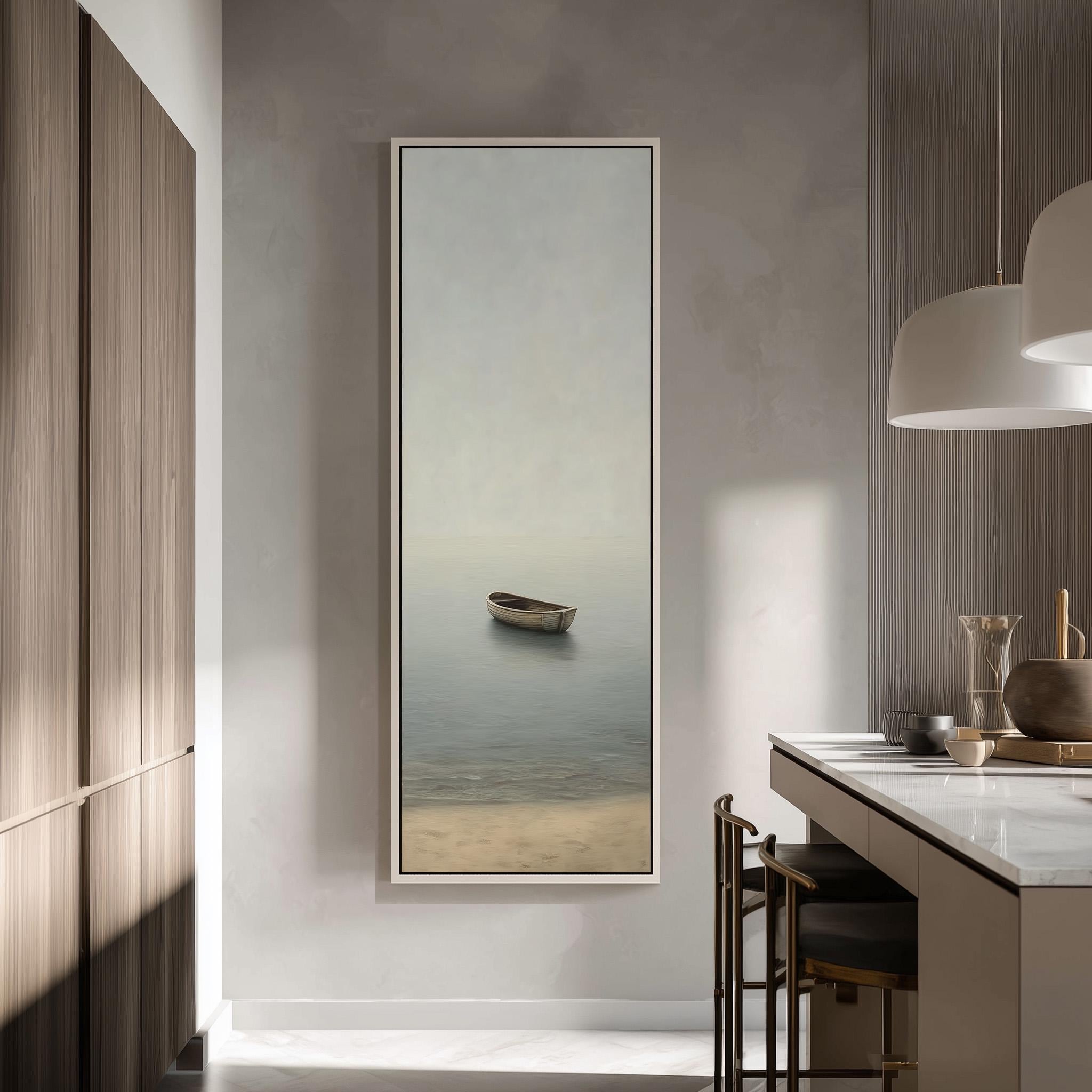 a serene scene of a boat floating on a calm body of water, with a minimalist and modern kitchen setting in the background.