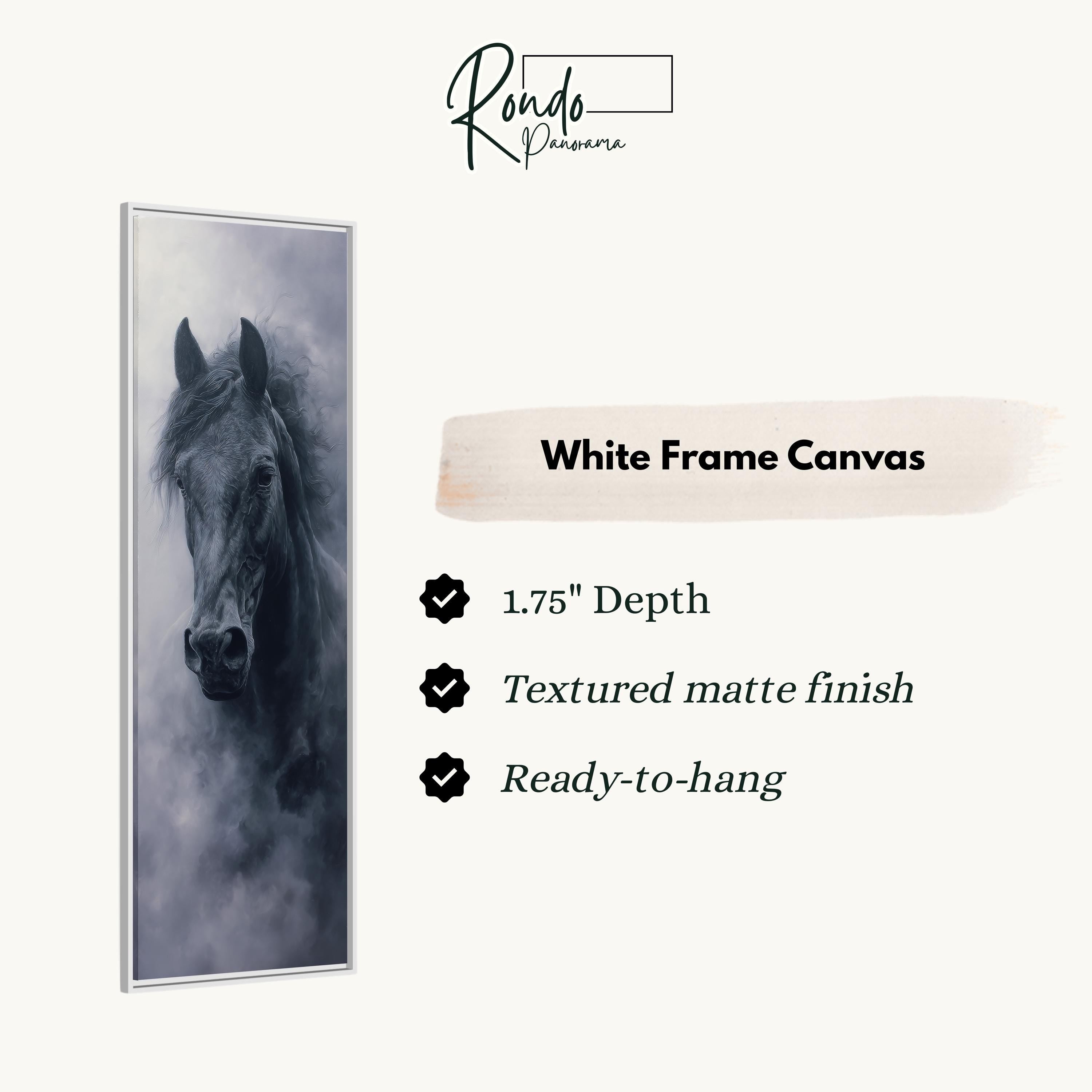The image is a white frame canvas featuring a close-up of a horse's head.