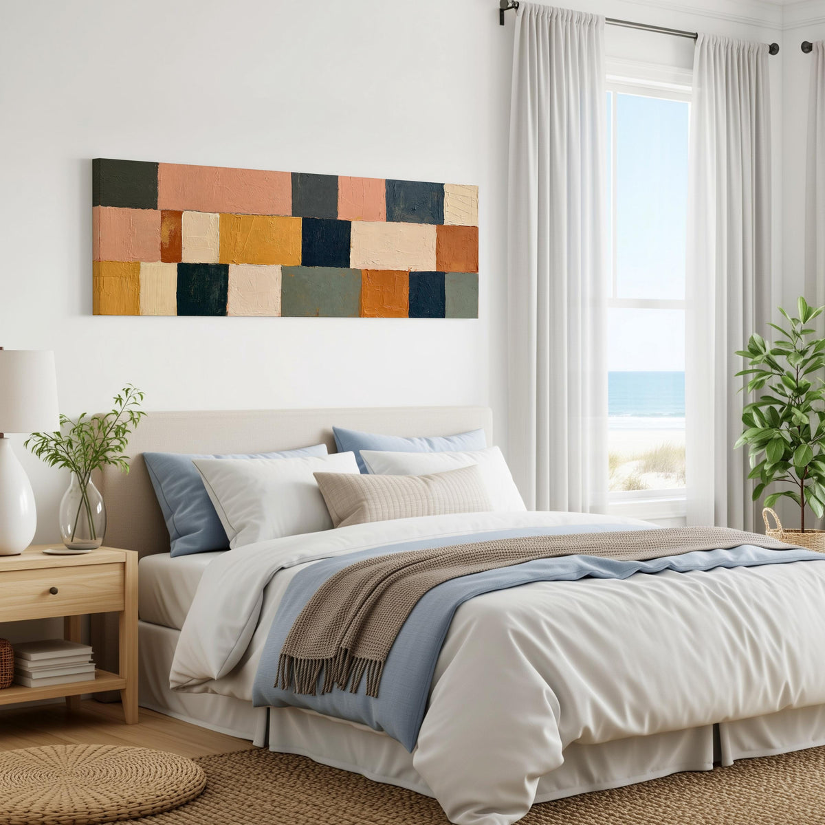 Mustard, sage, blush and navy patchwork panoramic canvas print above a bed in a coastal bedroom