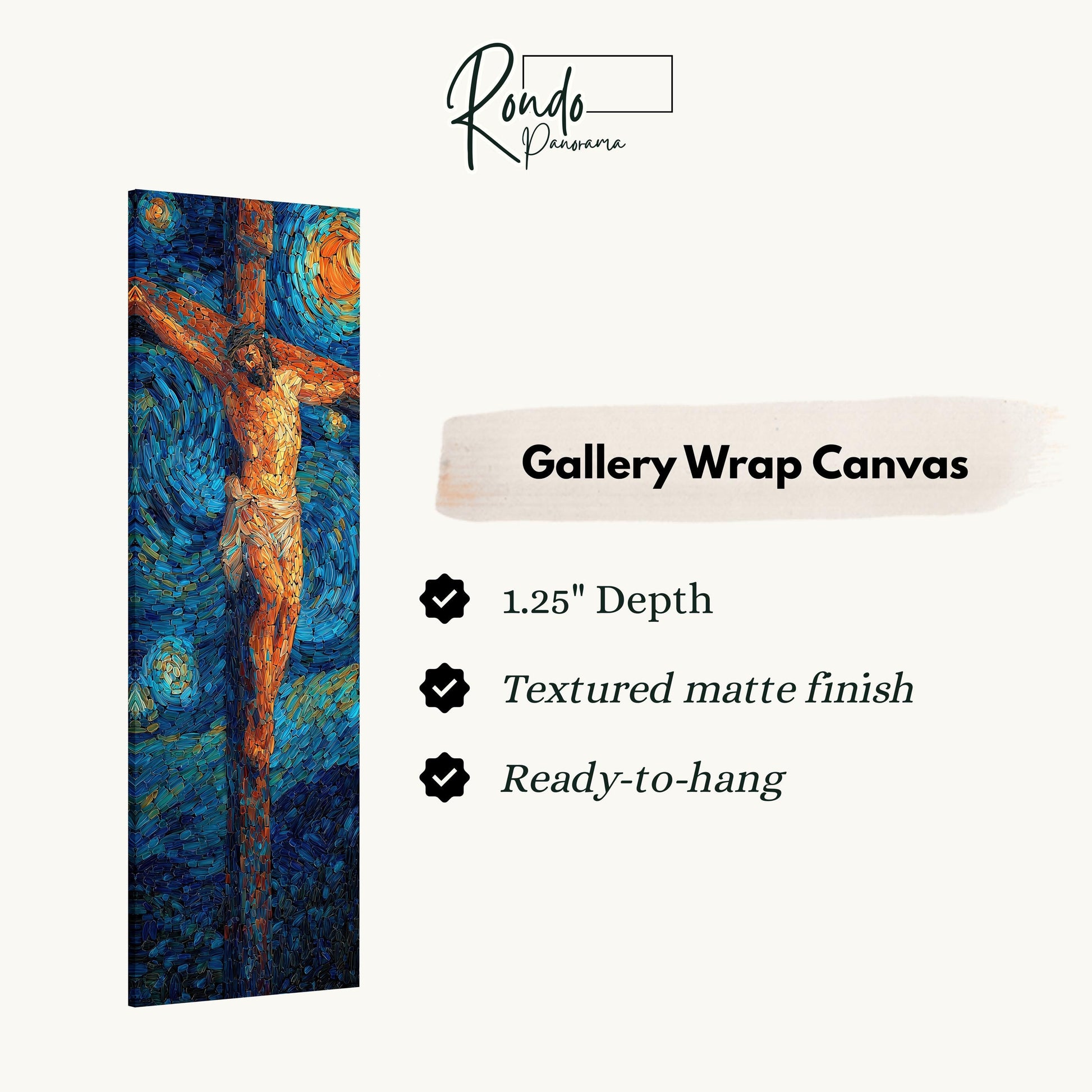 The image is a gallery wrap canvas featuring a painting of Jesus Christ on the cross.