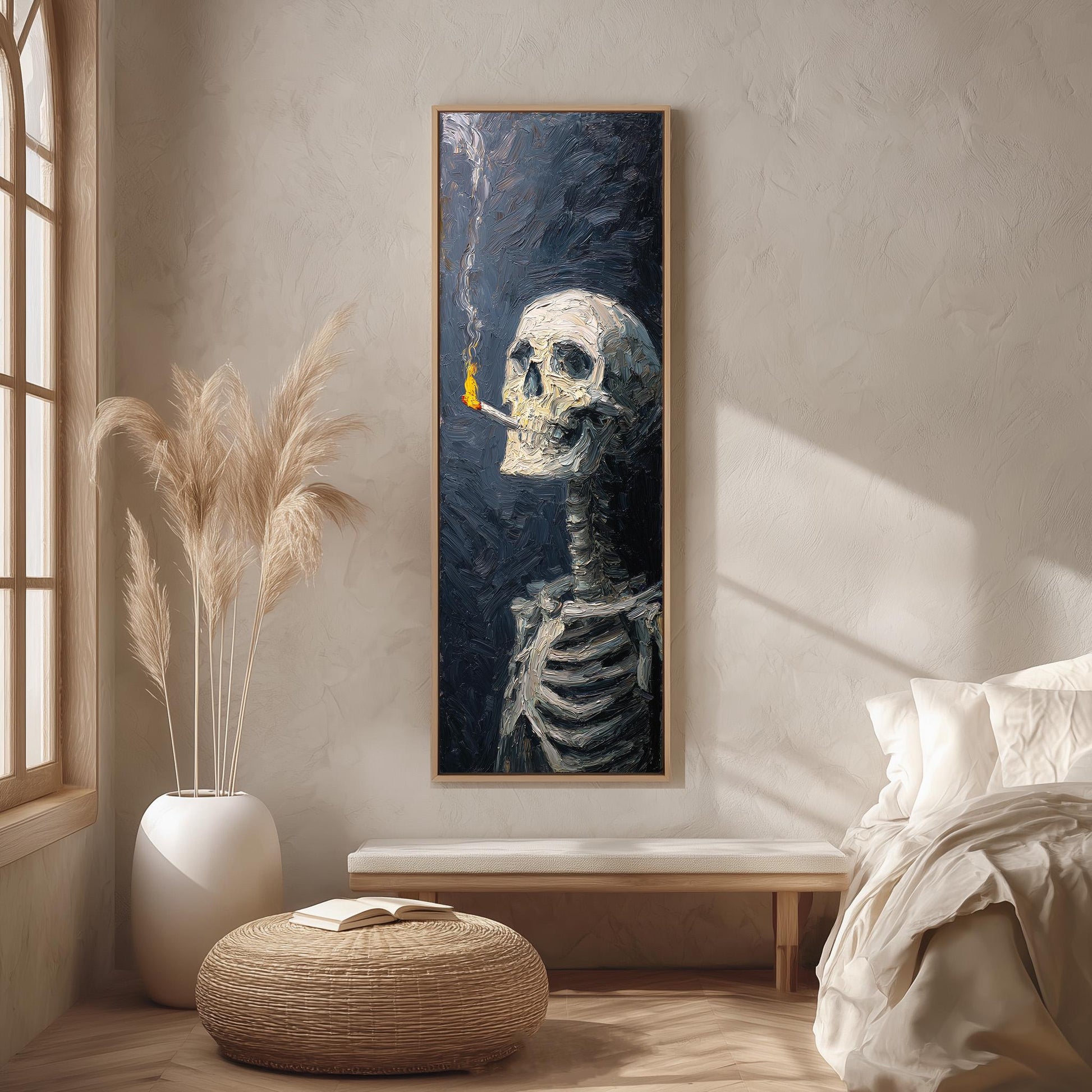 a large painting of a skeleton with a lit cigarette in its mouth, hanging on a wall in a minimalist living room setting.