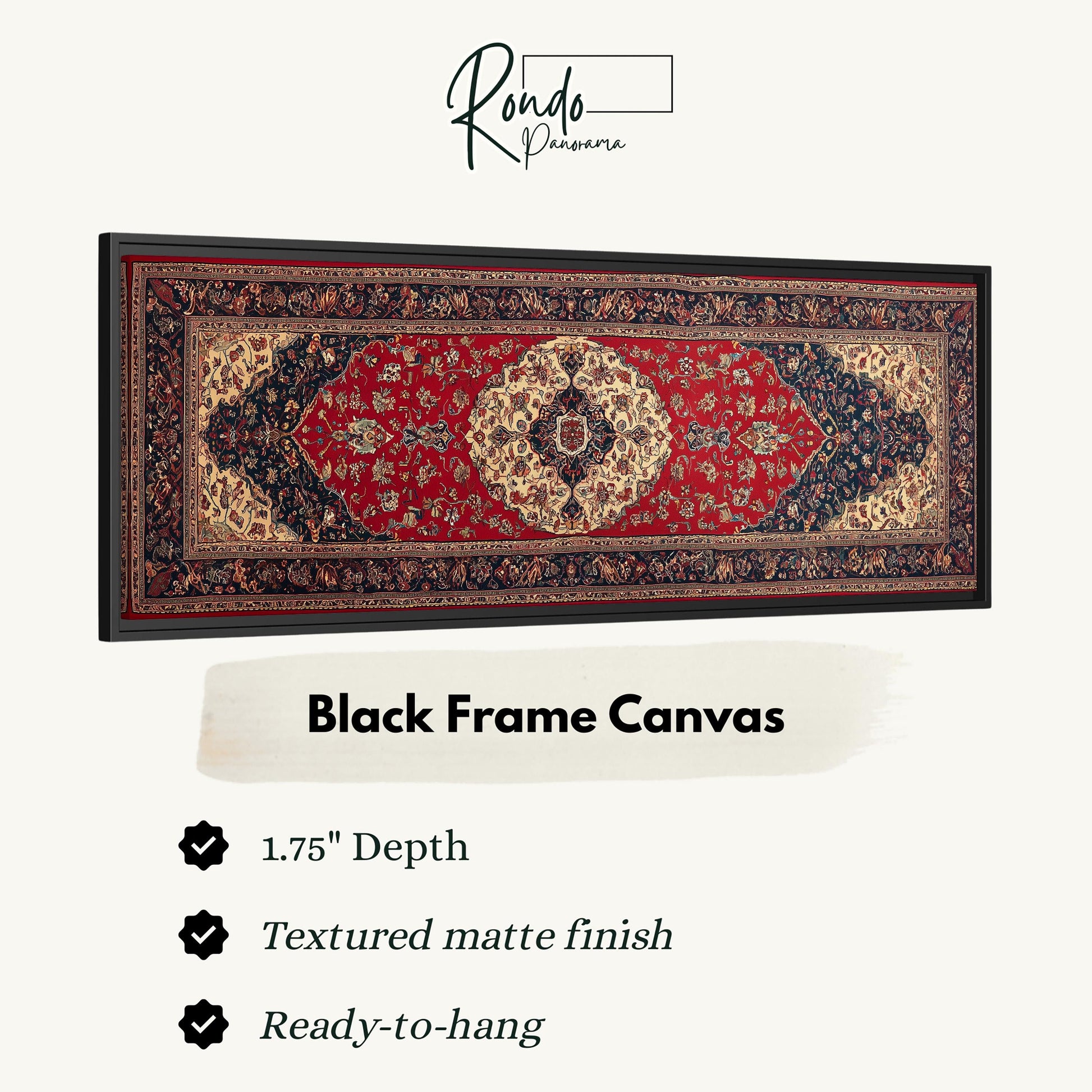 a black frame canvas with a detailed red and gold pattern.