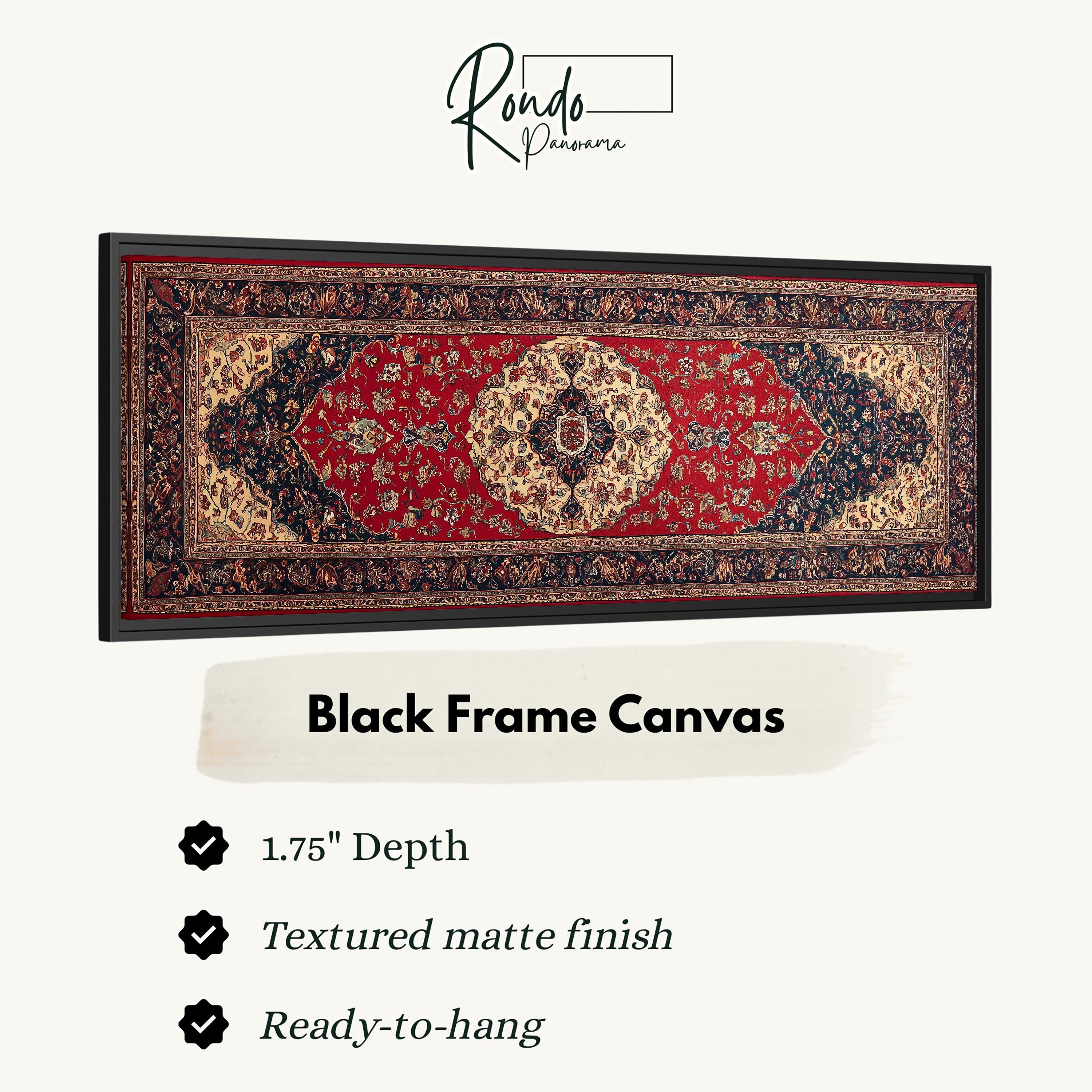 a black frame canvas with a detailed red and gold pattern.