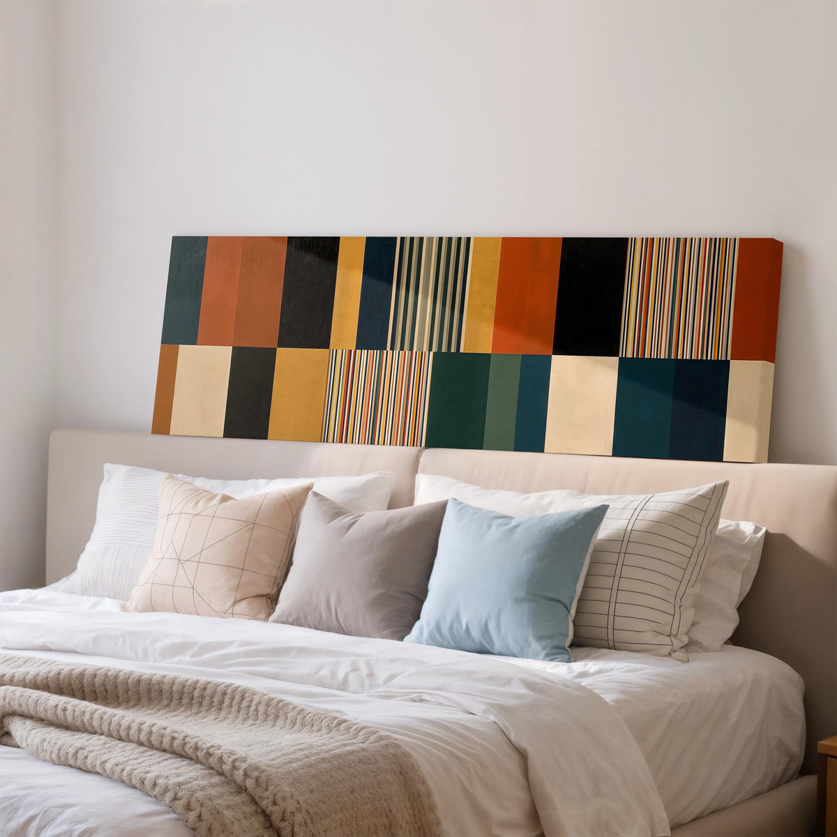 Autumn and teal stripe color blocks wide panoramic canvas print above a bed in a bedroom