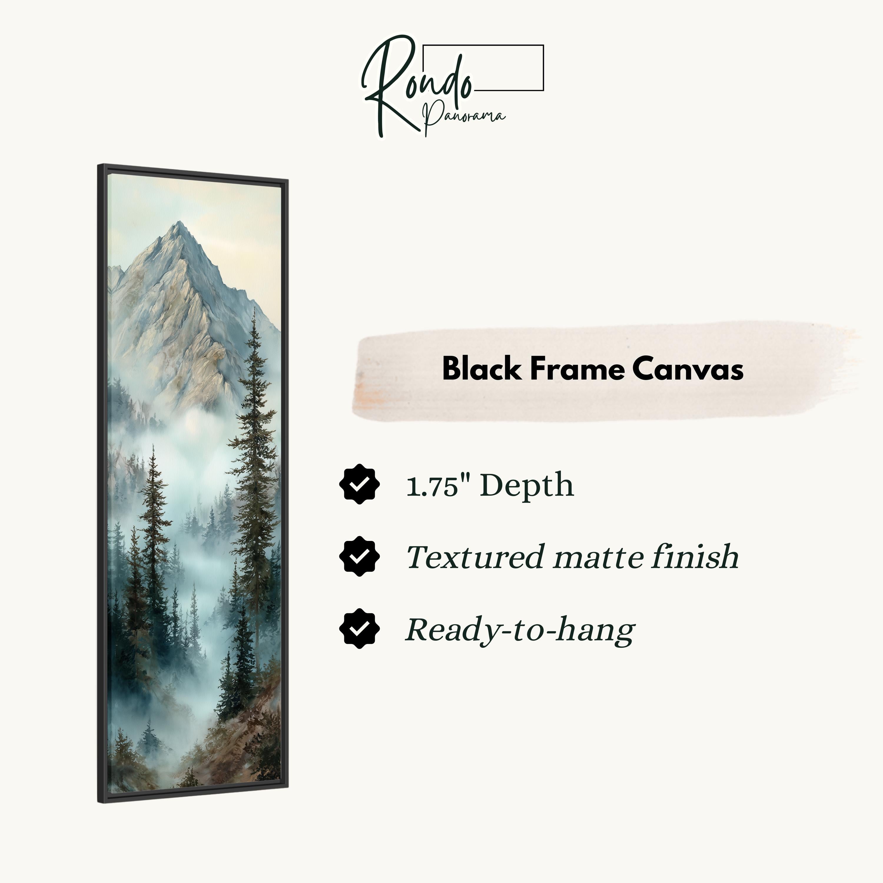 The image is a black frame canvas depicting a mountain landscape with pine trees and misty mountains.