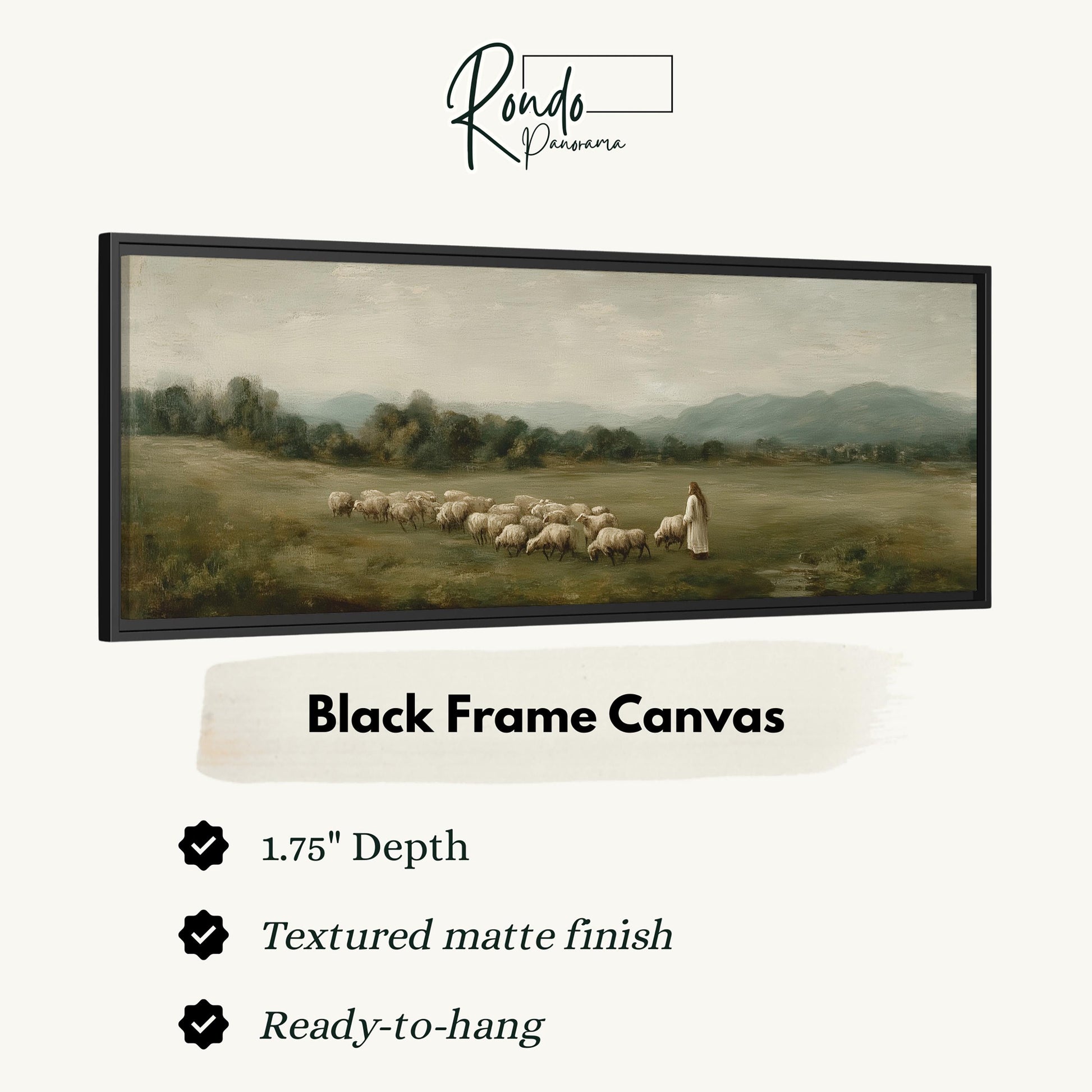 The image is a black frame canvas depicting a pastoral scene with a shepherd tending to his flock of sheep in a grassy field.