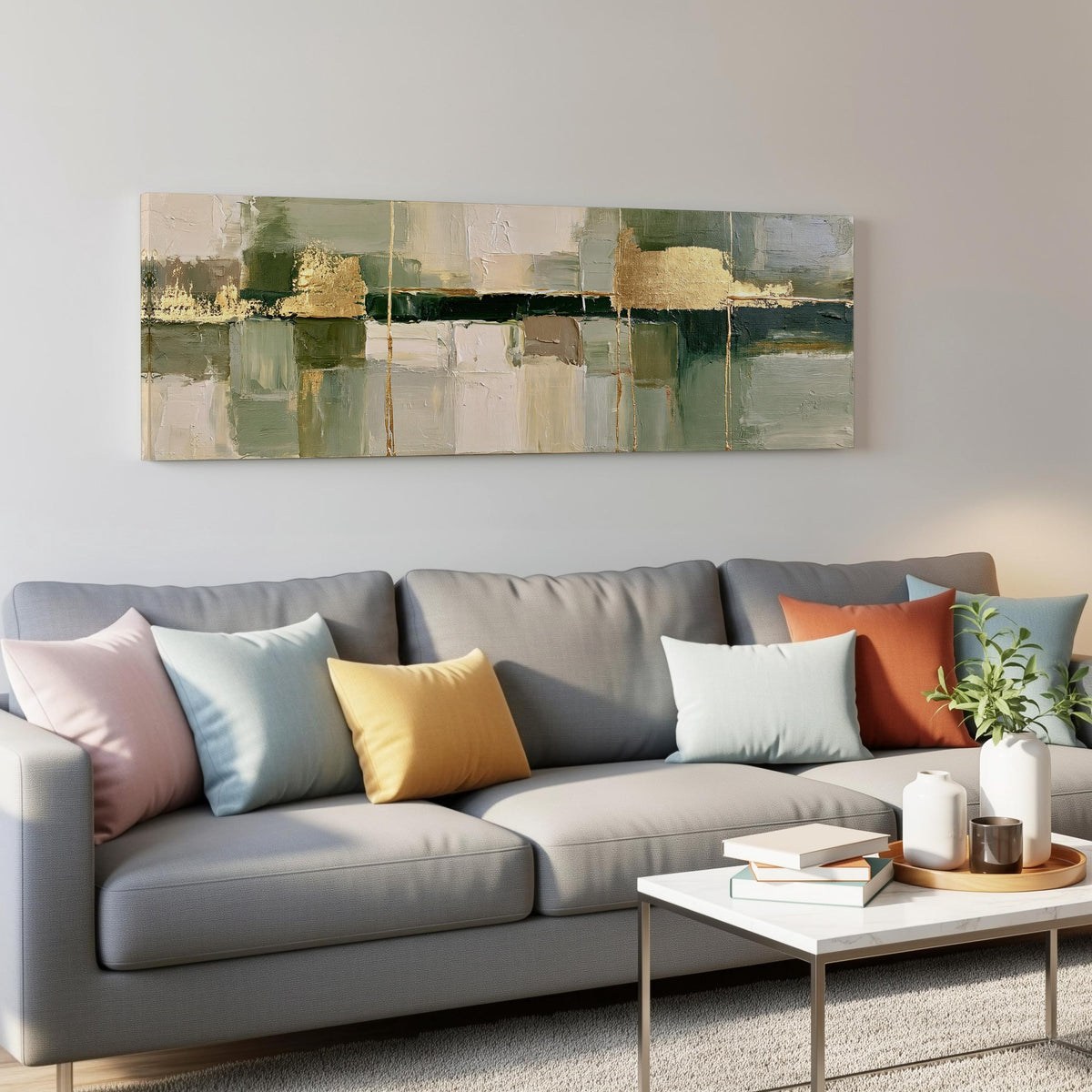 Sage and gold leaf abstract panoramic canvas print above a grey sofa in a living room