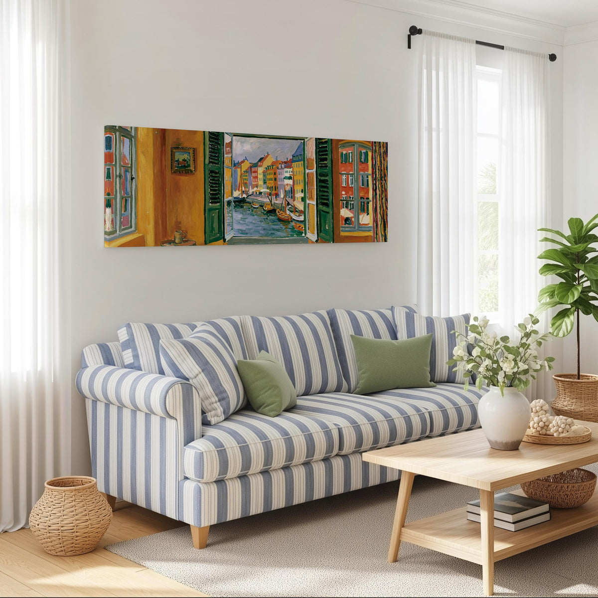 Copenhagen's colorful canal through a window long horizontal canvas print above a striped sofa in a coastal living room