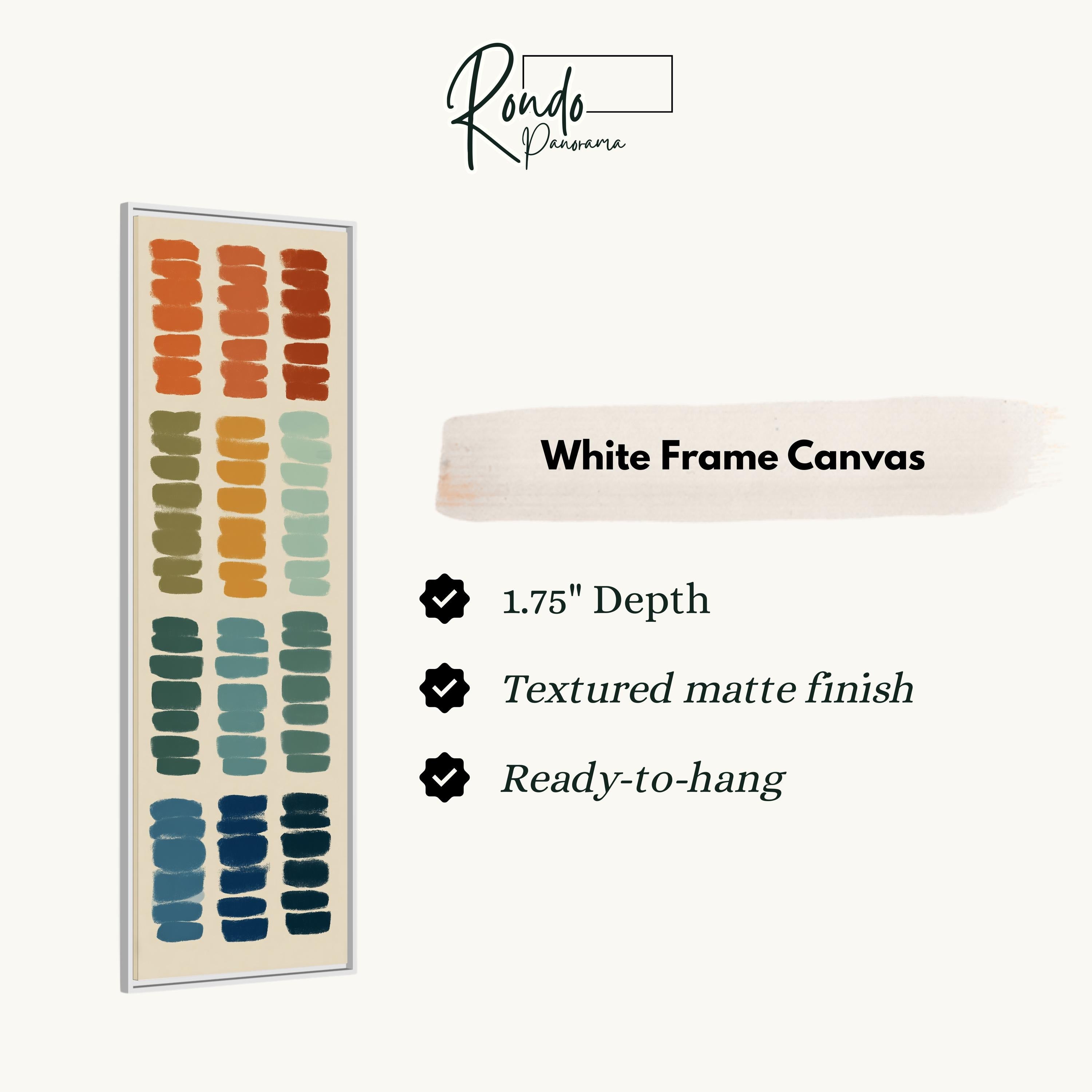 The image is a product description for a white frame canvas. It features a vertical arrangement of various colored paint strokes, with a white frame. The product has a 1.75" depth, a textured matte finish, and is ready to hang.