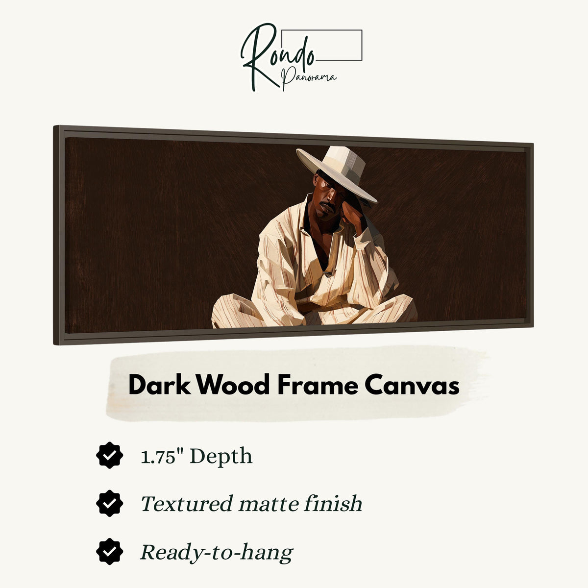 Pensive man in a white hat on brown canvas print in a dark wood floating frame