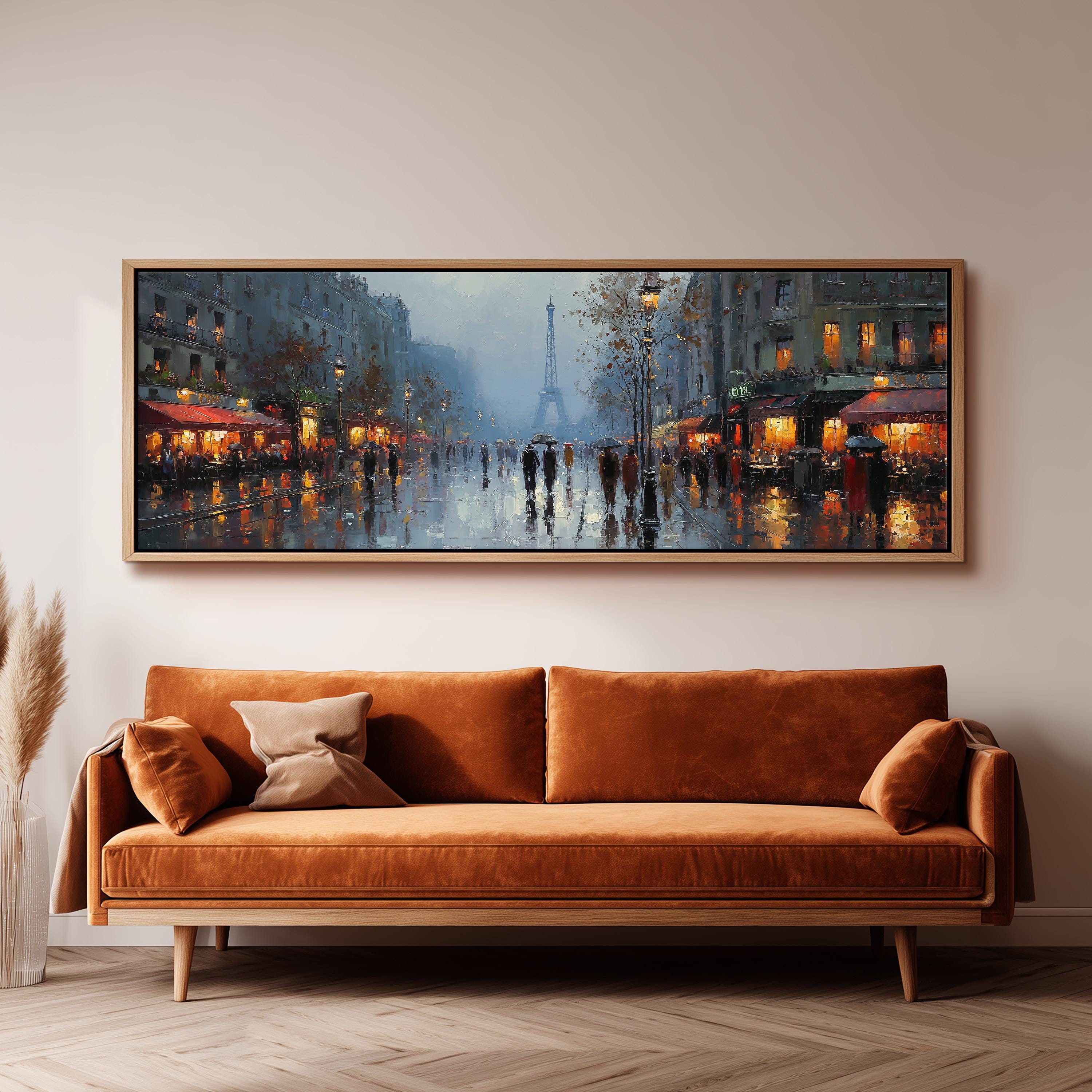 a rainy city street scene with people walking on the wet pavement, illuminated by the glow of streetlights and shop lights.