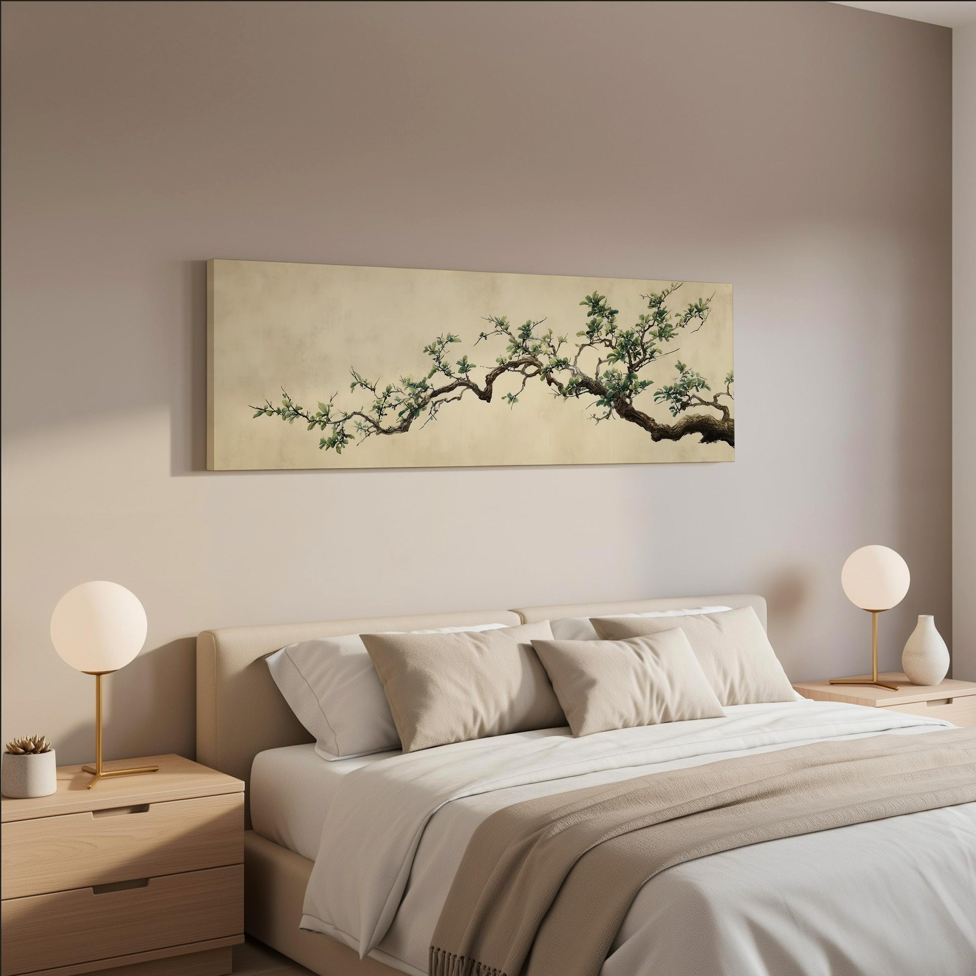 a serene and modern bedroom with a large bed, two nightstands with lamps, and a large painting of a tree branch on the wall above the bed.