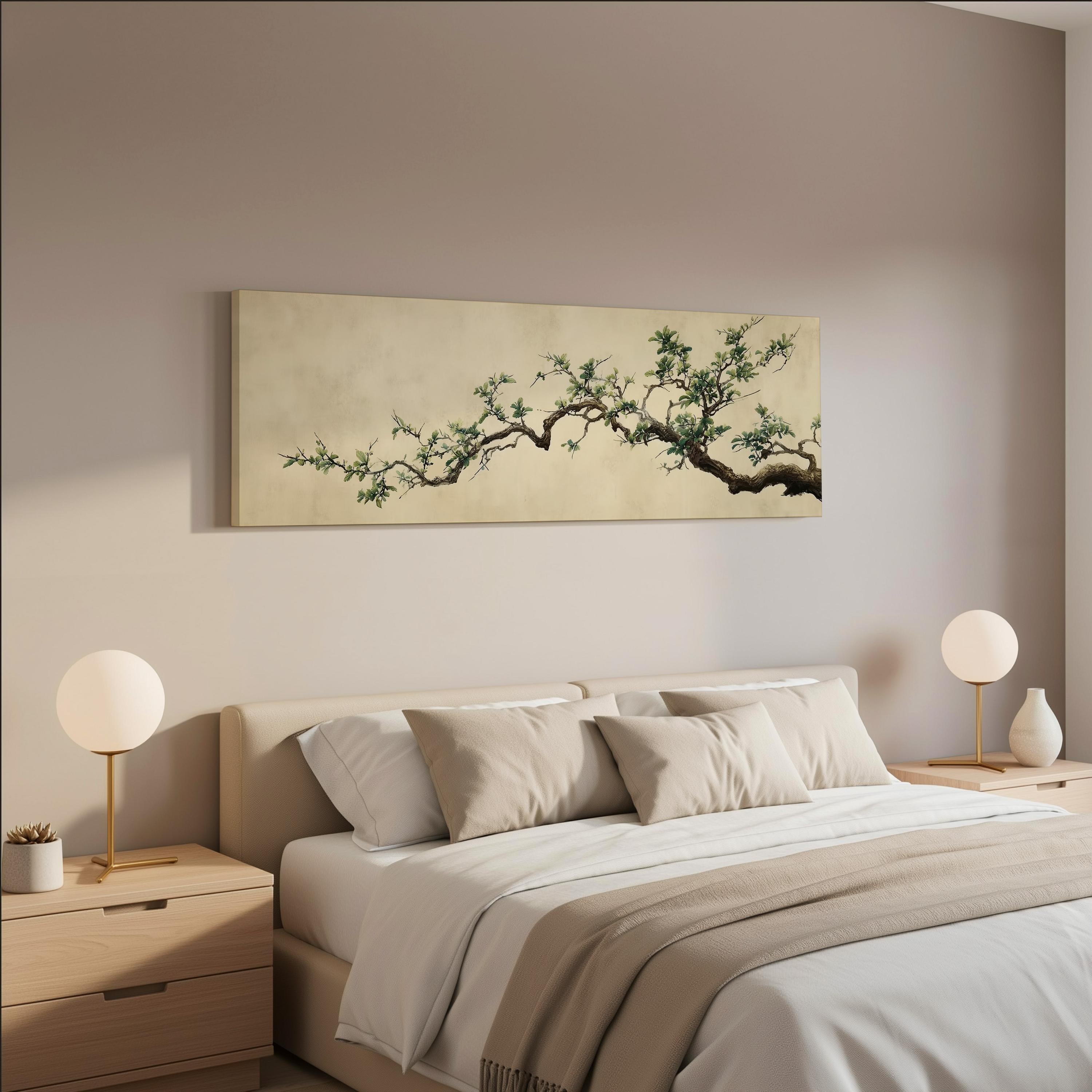 a serene and modern bedroom with a large bed, two nightstands with lamps, and a large painting of a tree branch on the wall above the bed.