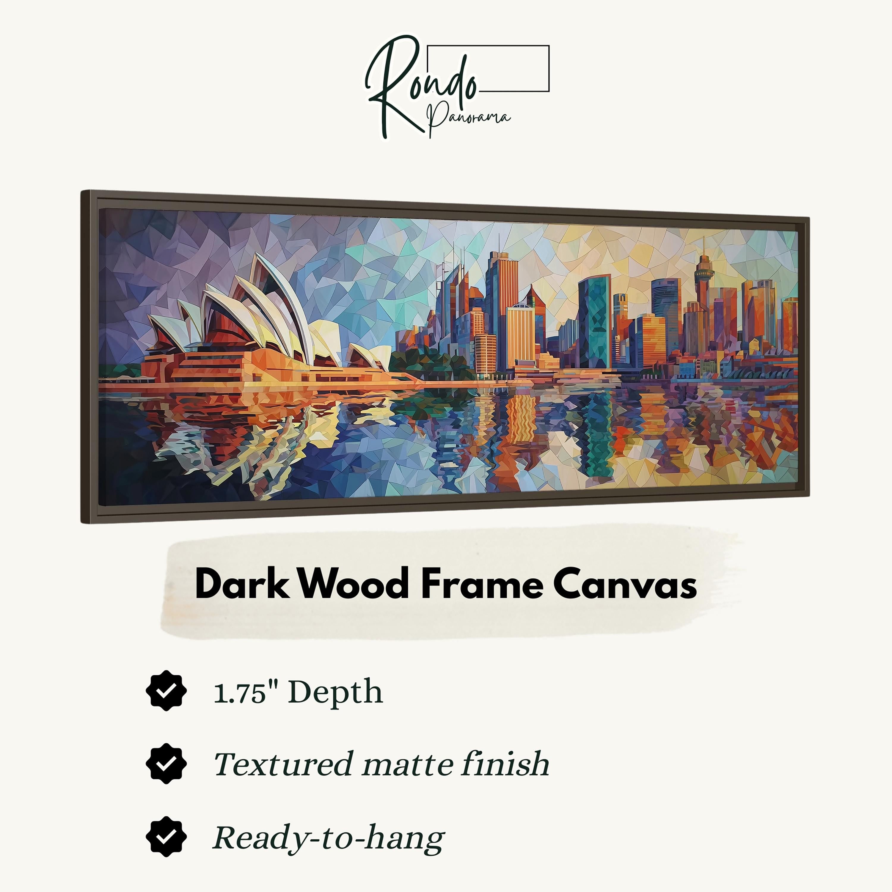 The image is a framed artwork depicting the Sydney Opera House and the city skyline of Sydney, Australia.
