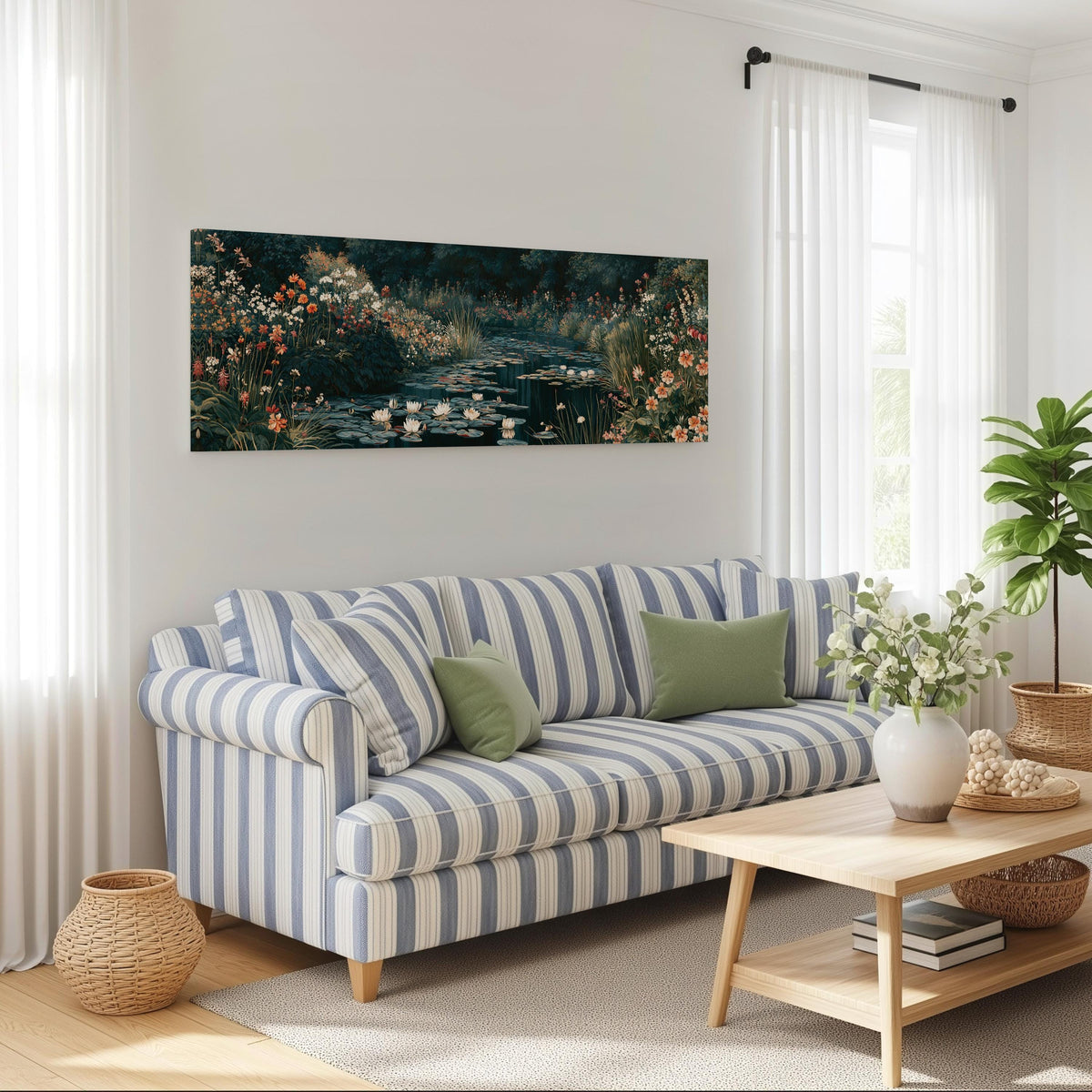 Lily pond surrounded by wildflowers long horizontal canvas print above a striped sofa in a coastal living room
