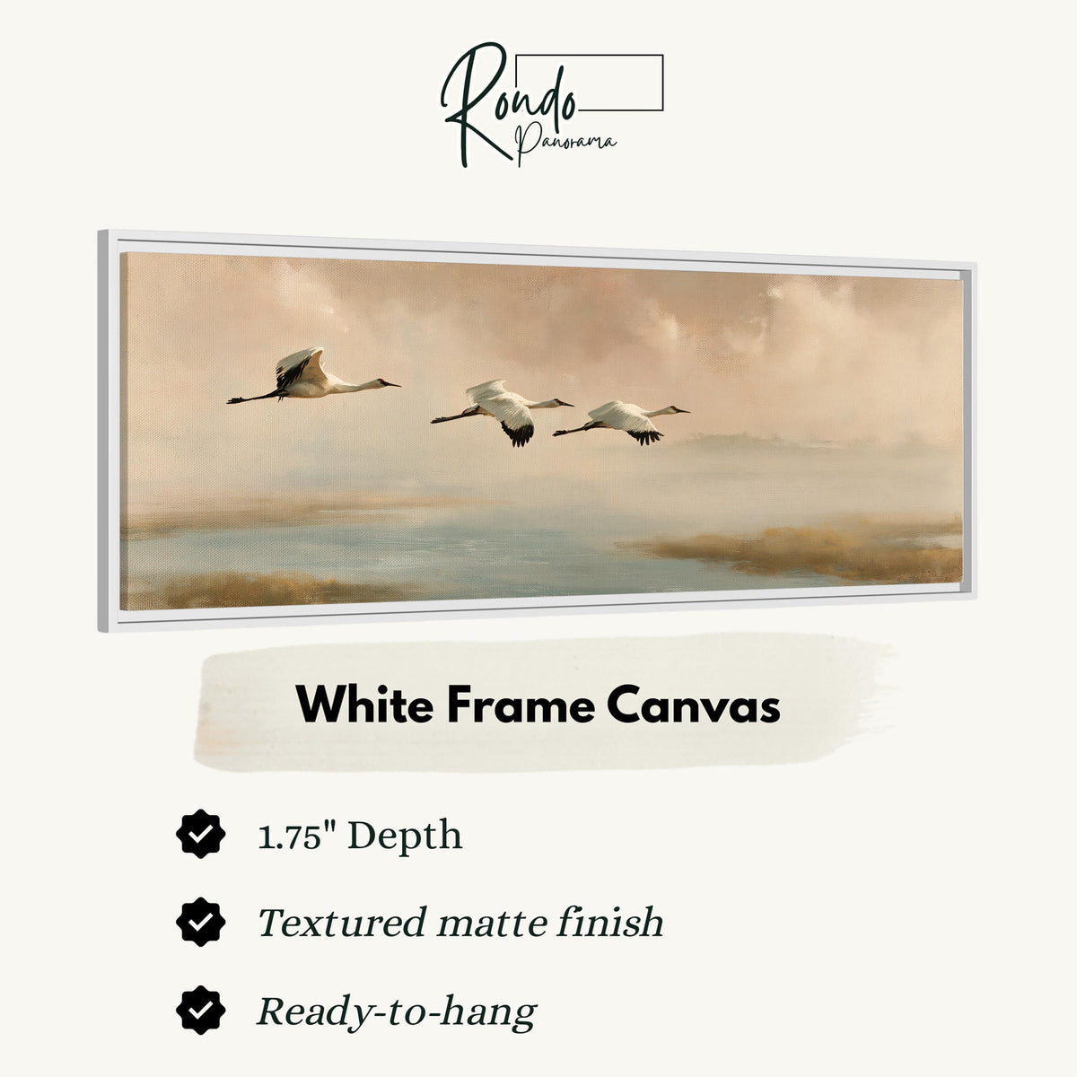 Cranes flying over a calm shore at dusk canvas print in a white floating frame