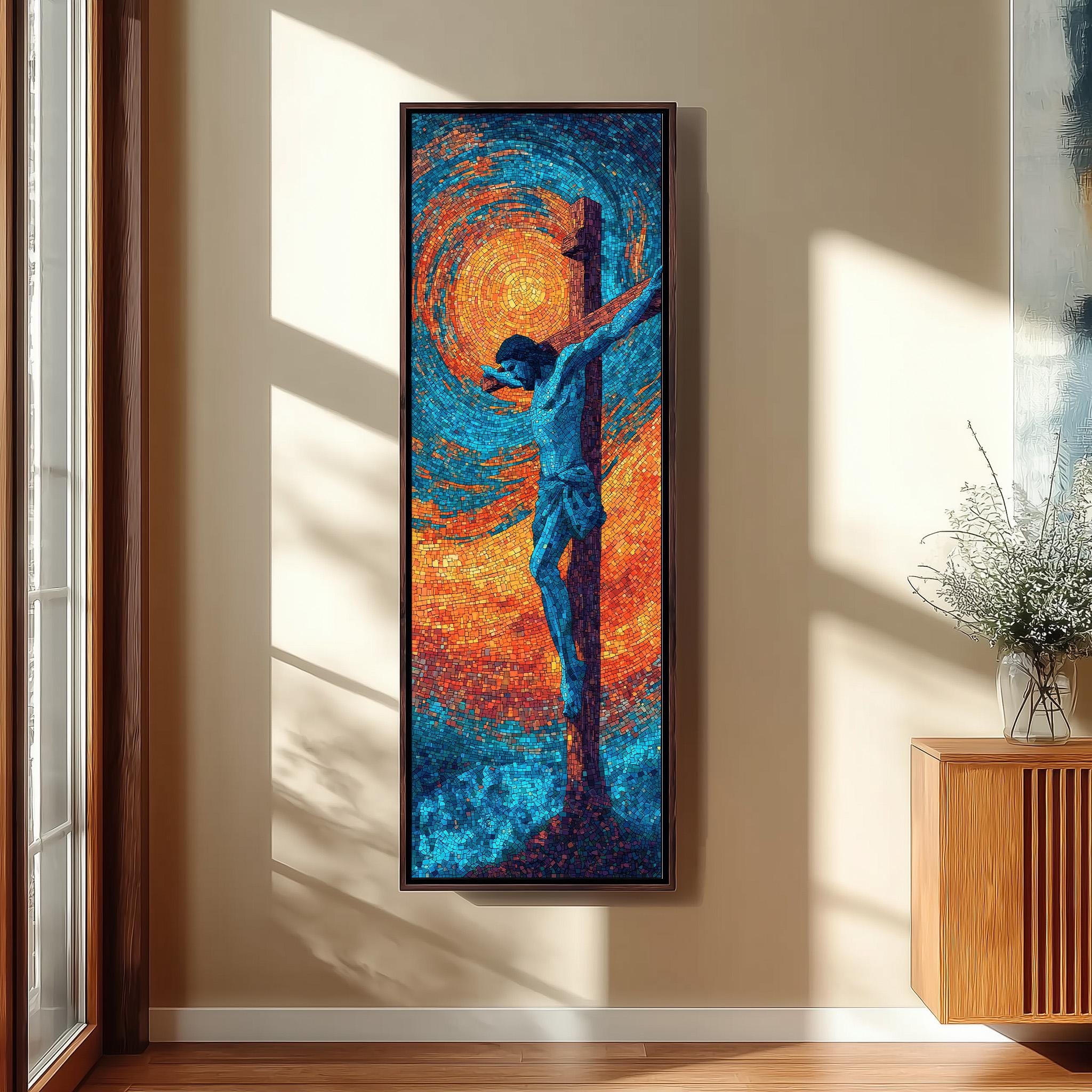 a large, colorful painting of a figure on a cross, hanging on a wall in a room with a wooden cabinet and a vase of flowers.