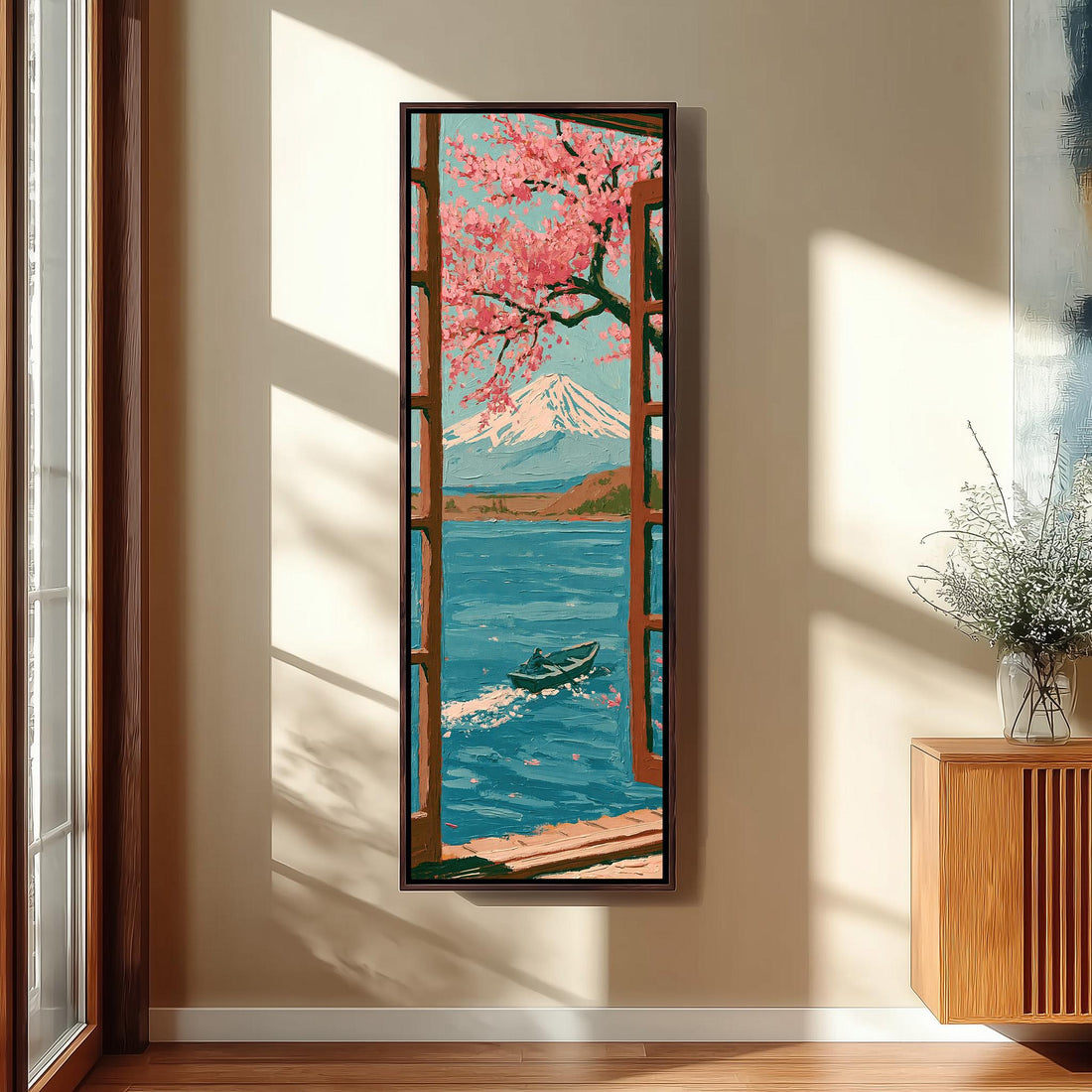 Mount Fuji and a lake seen through a cherry blossom window long vertical canvas print in a sunlit living space
