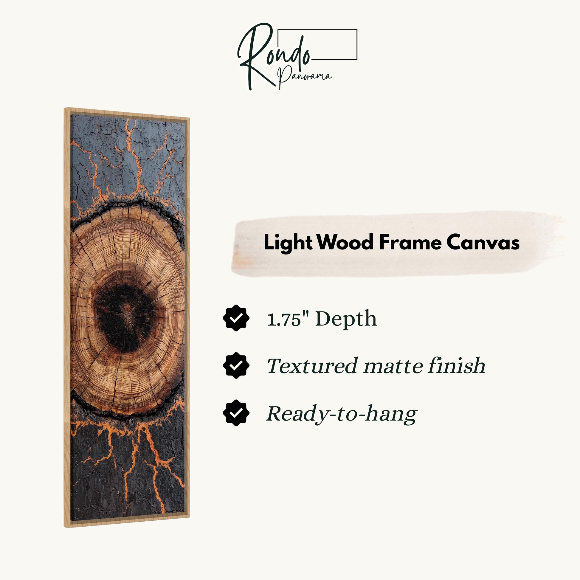 The image is a light wood frame canvas with a striking design featuring a tree trunk with cracks and lightning bolts. The frame is described as having a 1.75" depth, a textured matte finish, and is ready to hang.