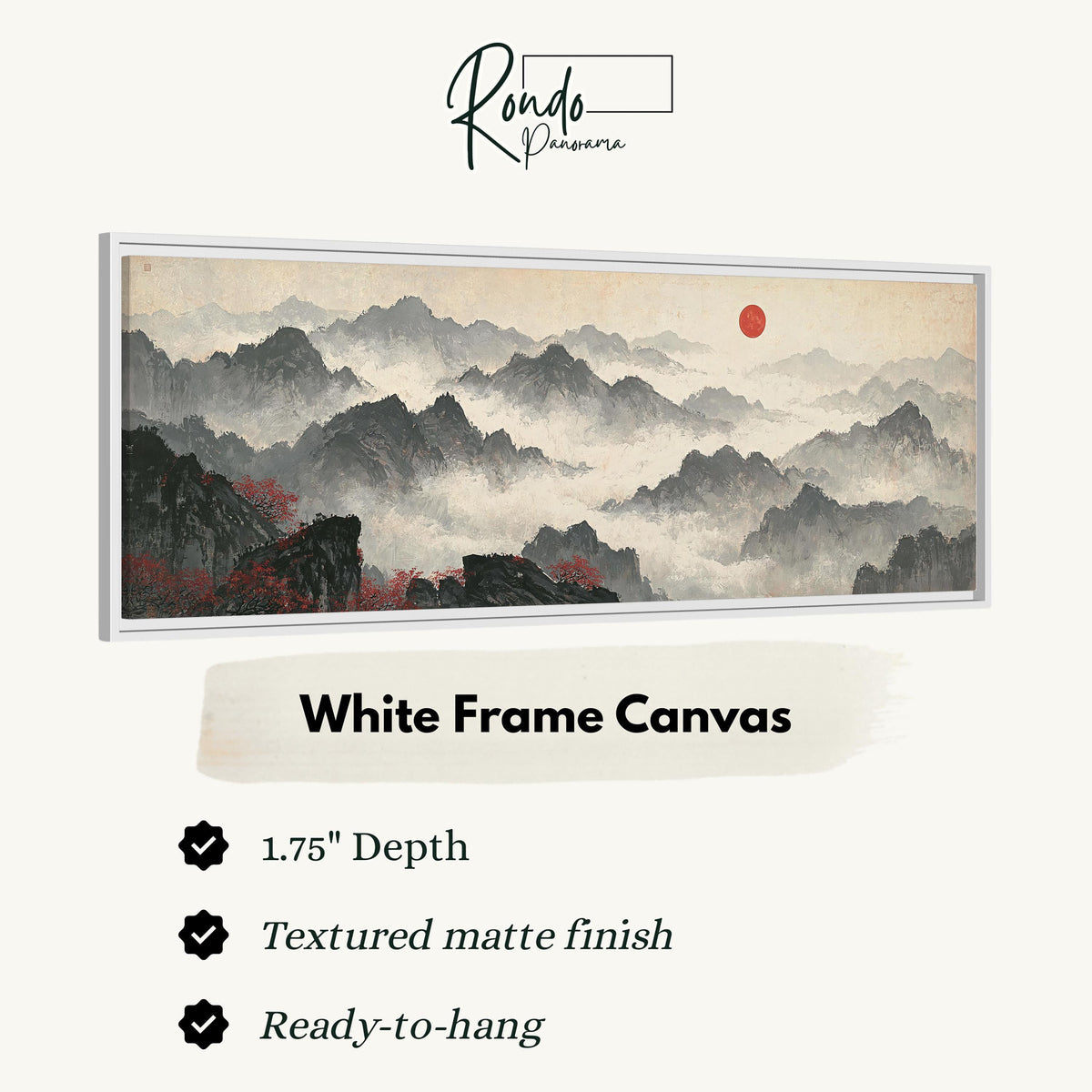 Misty ink mountains under a red sun canvas print in a white floating frame