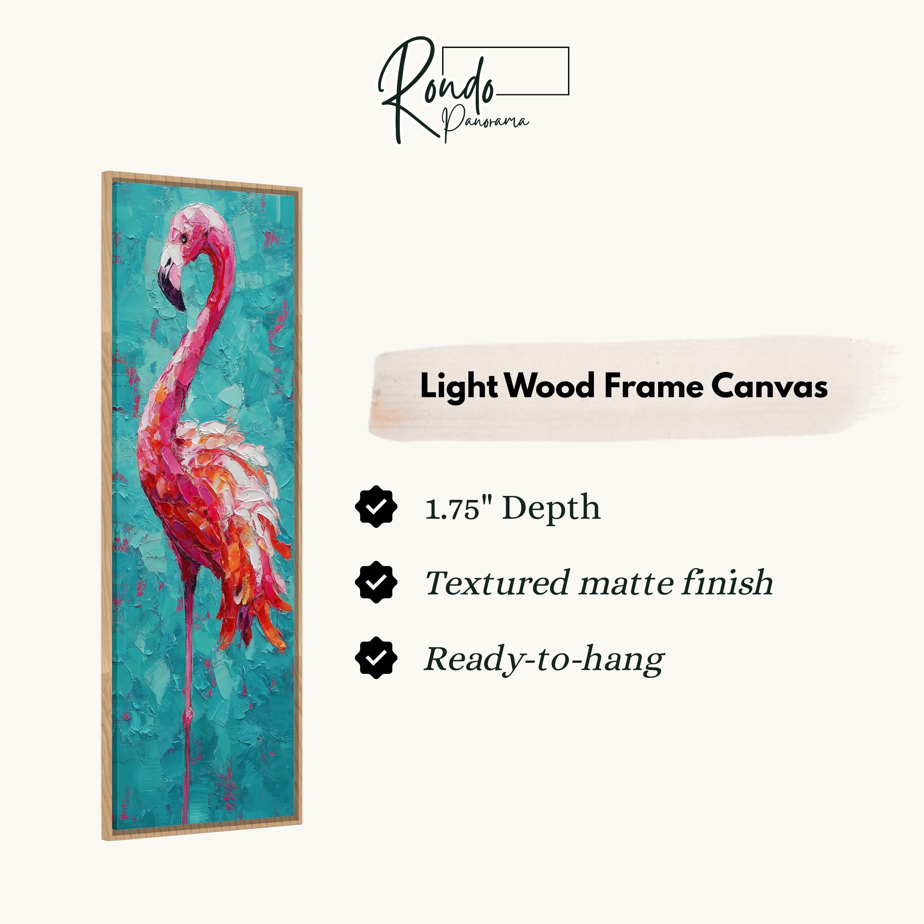 The image is a framed painting of a pink flamingo against a teal background.