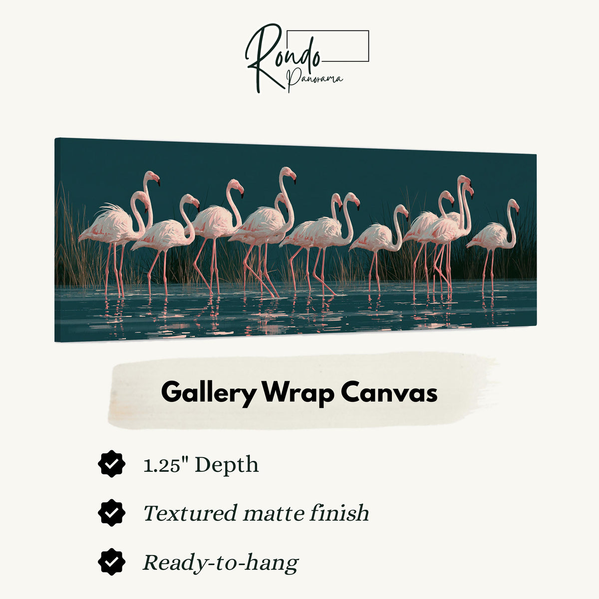 Blush pink flamingos on dark teal water gallery wrap canvas with the image wrapped around the edges