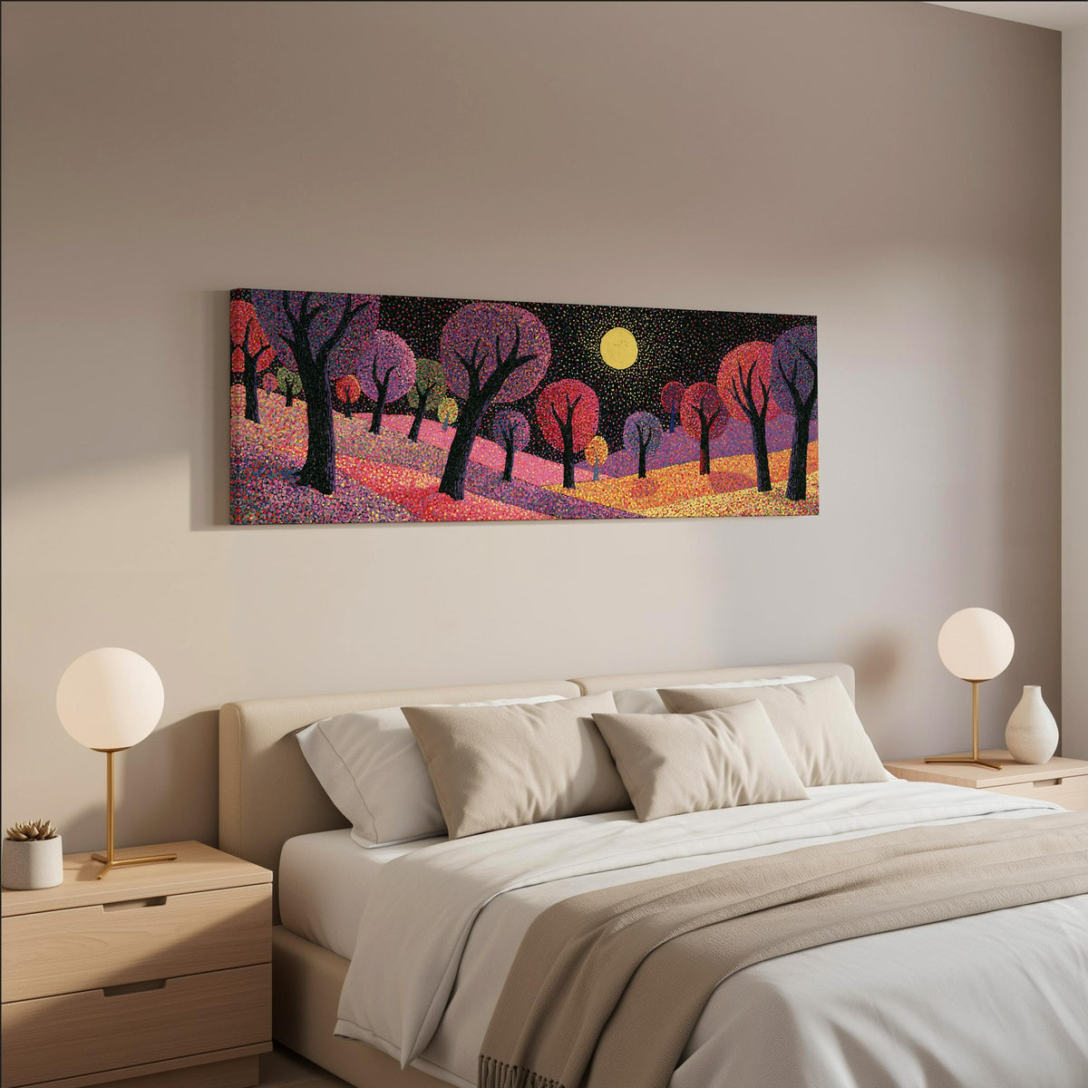 Purple dusk forest under the moon wide panoramic canvas print above a bed in a neutral bedroom