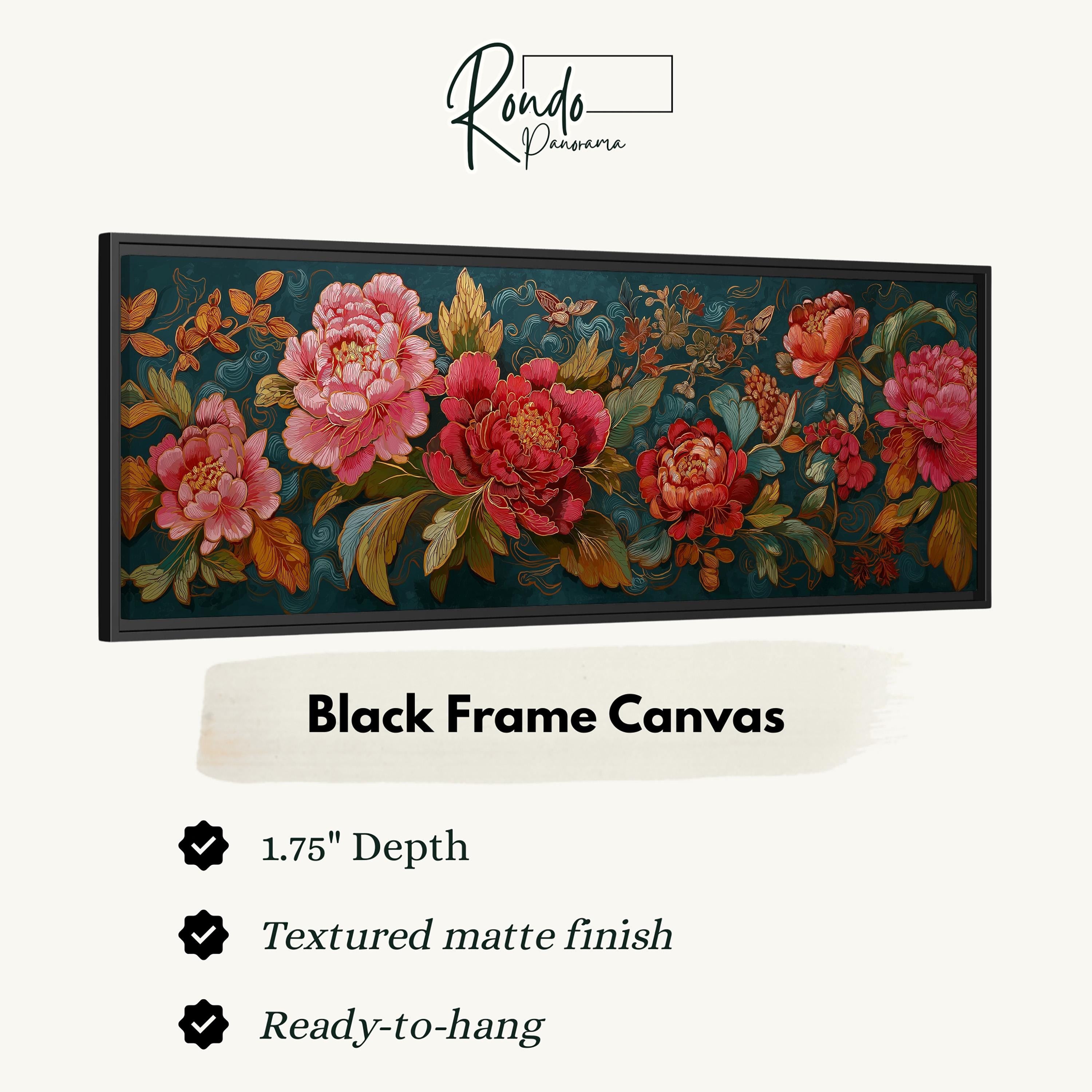 a black frame canvas with a floral design in shades of red and pink. The canvas has a 1.75" depth and is textured with a matte finish. It is ready to hang and is described as a "Black Frame Canvas".