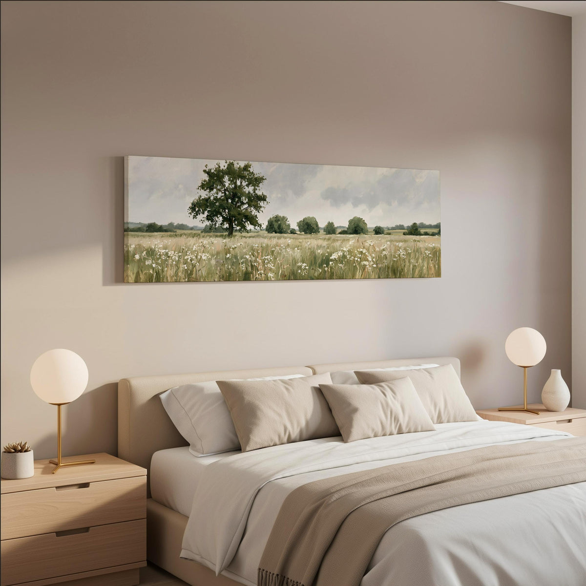 Lone oak tree in a daisy meadow wide panoramic canvas print above a bed in a neutral bedroom