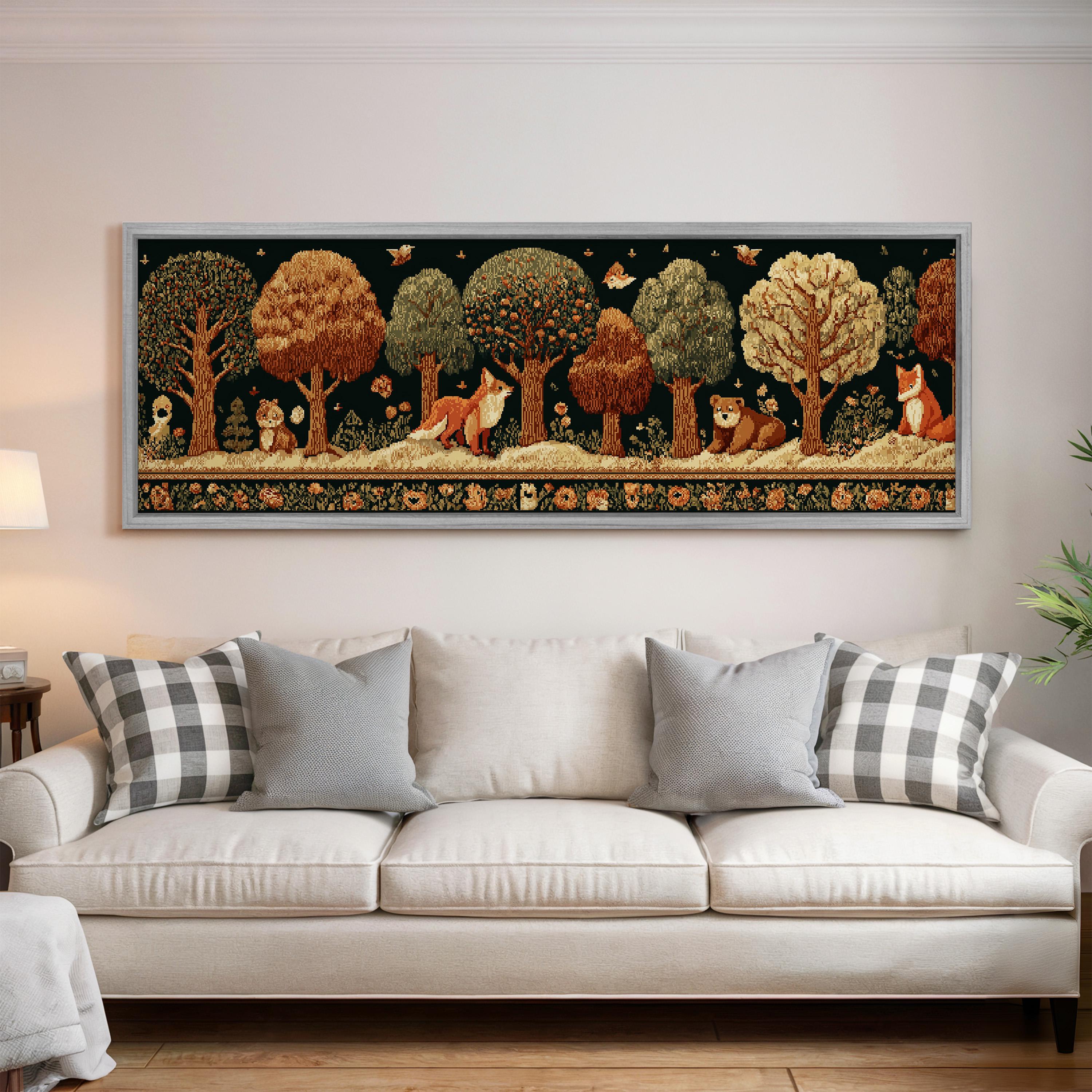 a large, colorful tapestry hanging on a wall above a white couch in a living room.