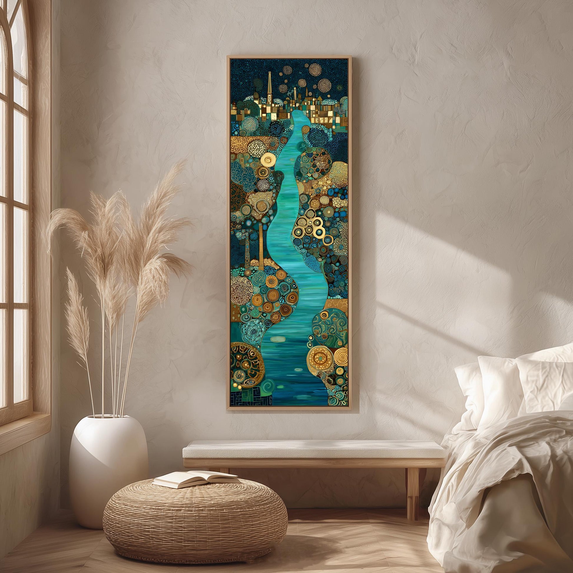 a large, colorful painting of a river with a cityscape in the background, hanging on a wall in a room with a window and a white bench.