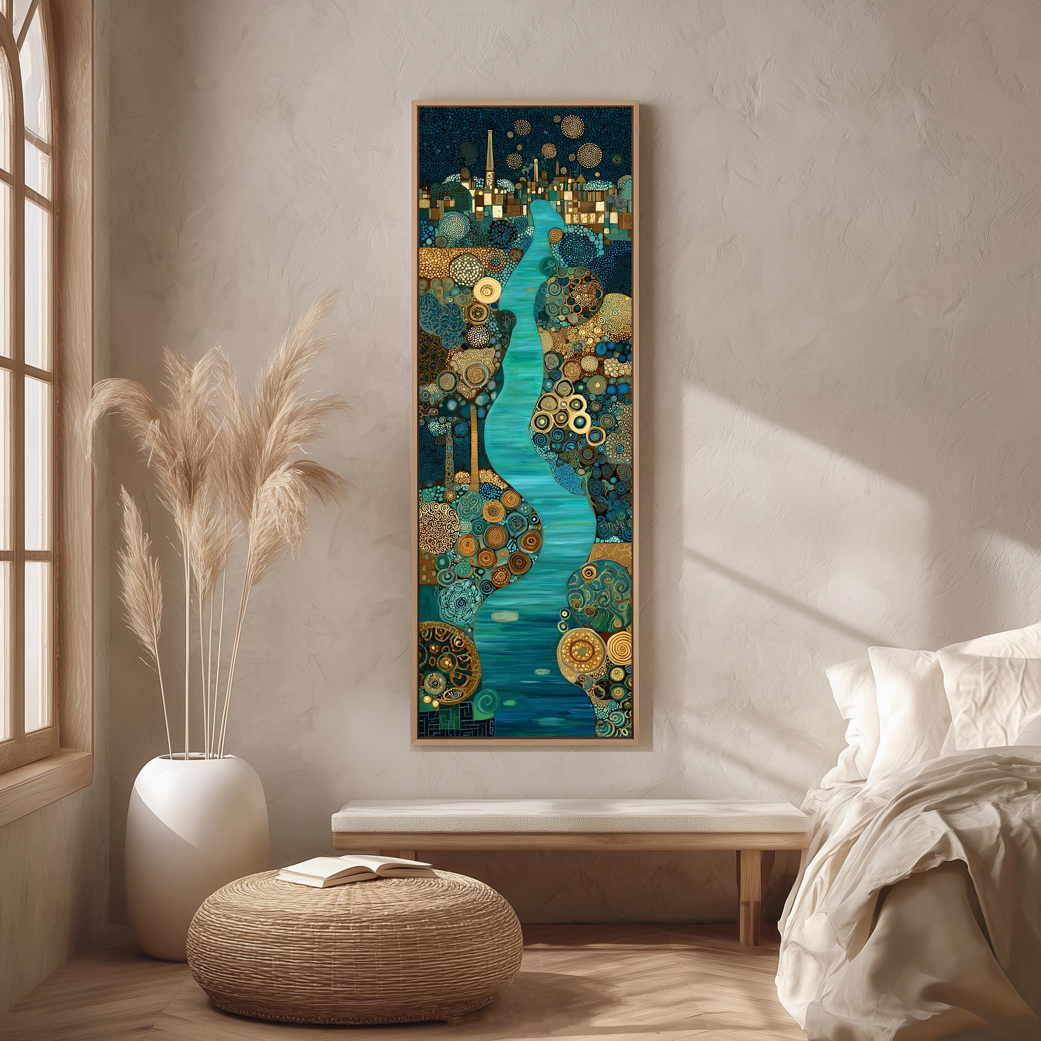 a large, colorful painting of a river with a cityscape in the background, hanging on a wall in a room with a window and a white bench.
